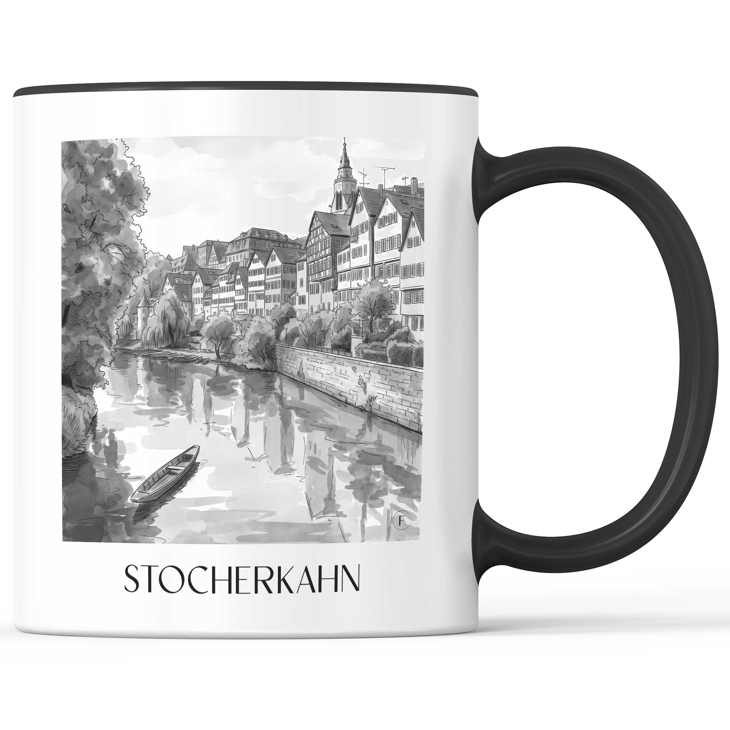 stocherkahn-tübingen-deutschland-kaffeebecher-aquarell-schwarz-weiss