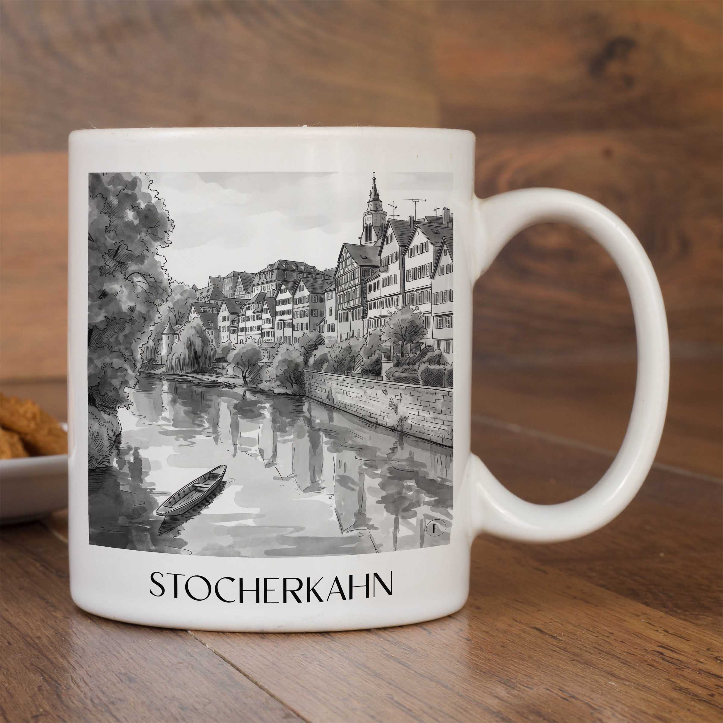stocherkahn-tübingen-deutschland-kaffeebecher-aquarell-schwarz-weiss
