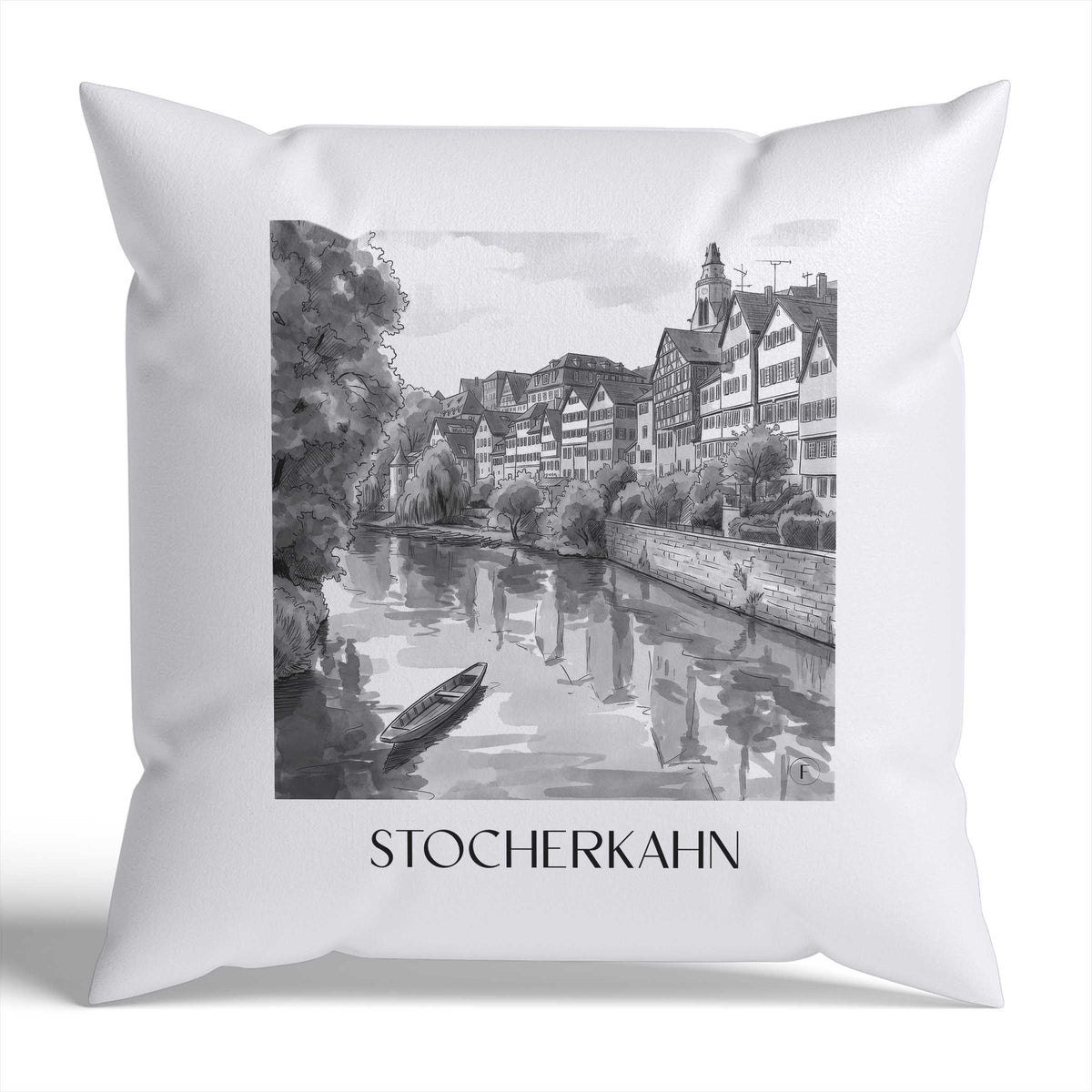 Stocherkahn Kissenhülle - Zierkissen Bezug - Tübingen - Deutschland Kissen bzw. Kissenbezug im Aquarell Schwarz-Weiß Stil - favplace