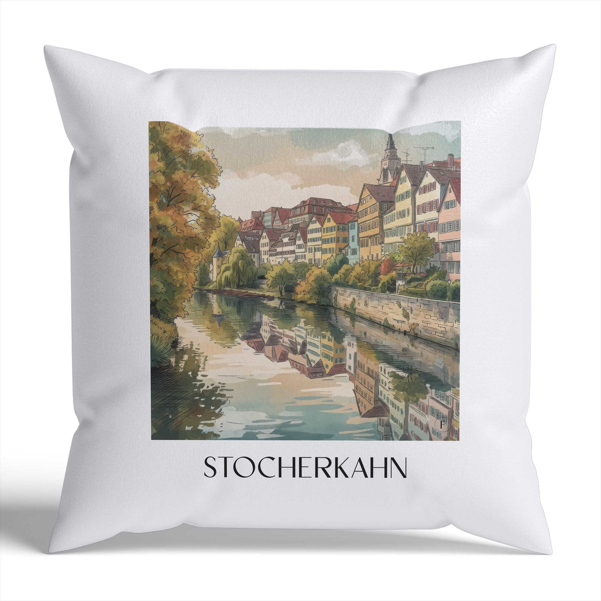 stocherkahn-tübingen-deutschland-kissenbezug-aquarell