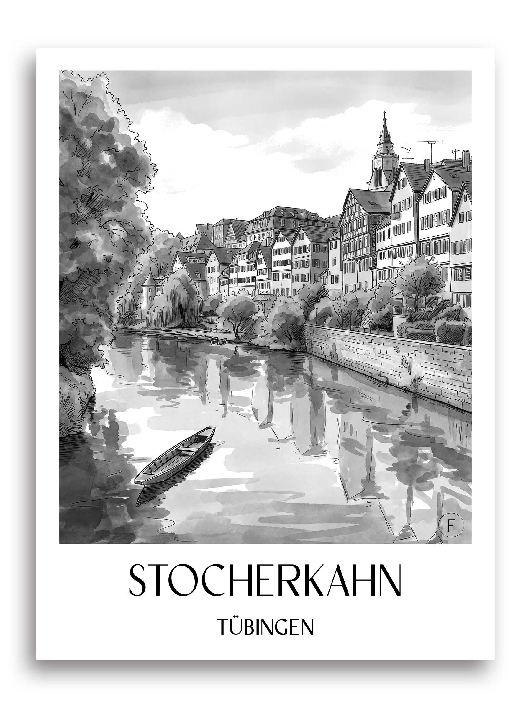 stocherkahn-tübingen-deutschland-poster-aquarell-schwarz-weiss