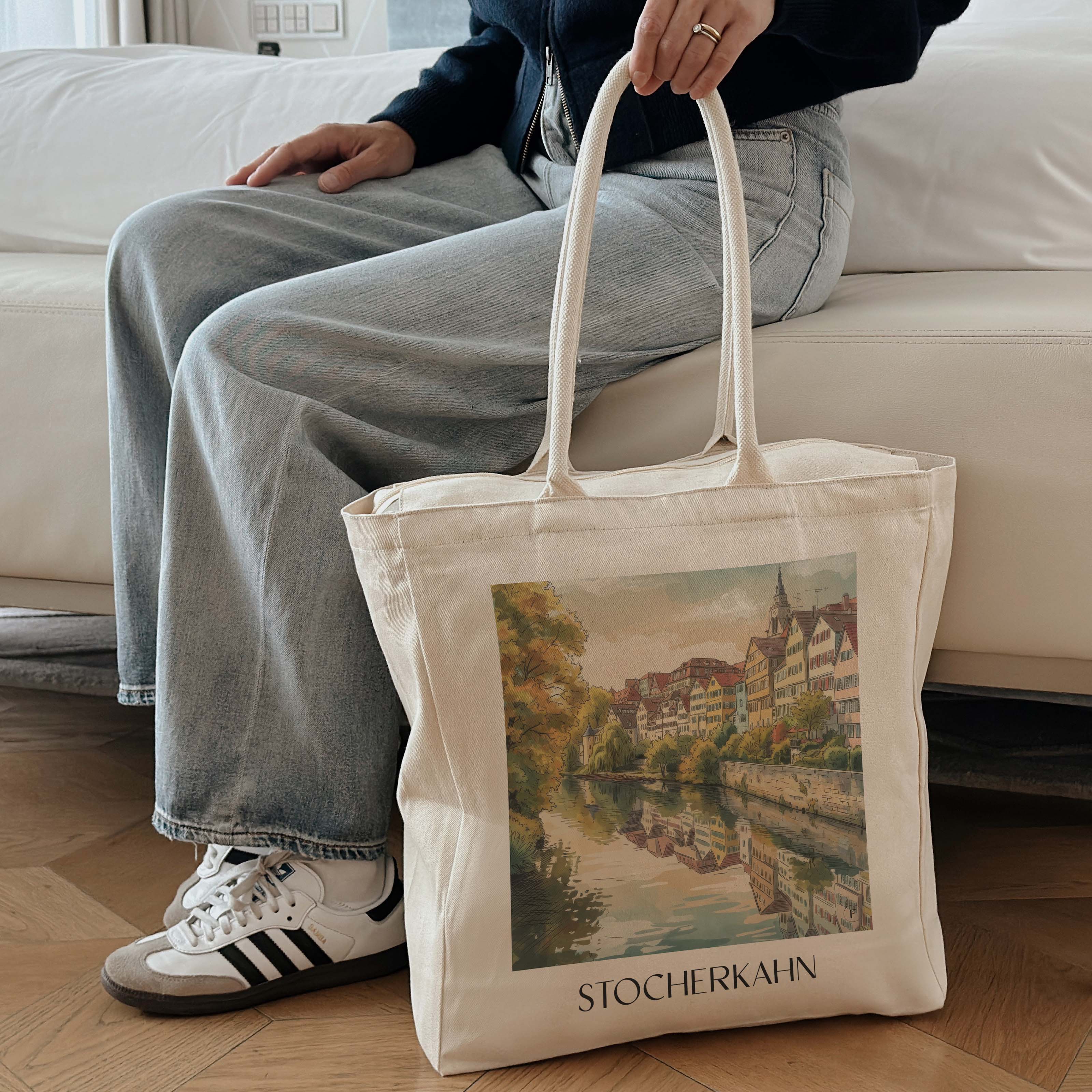 stocherkahn-tübingen-deutschland-einkaufstasche-aquarell