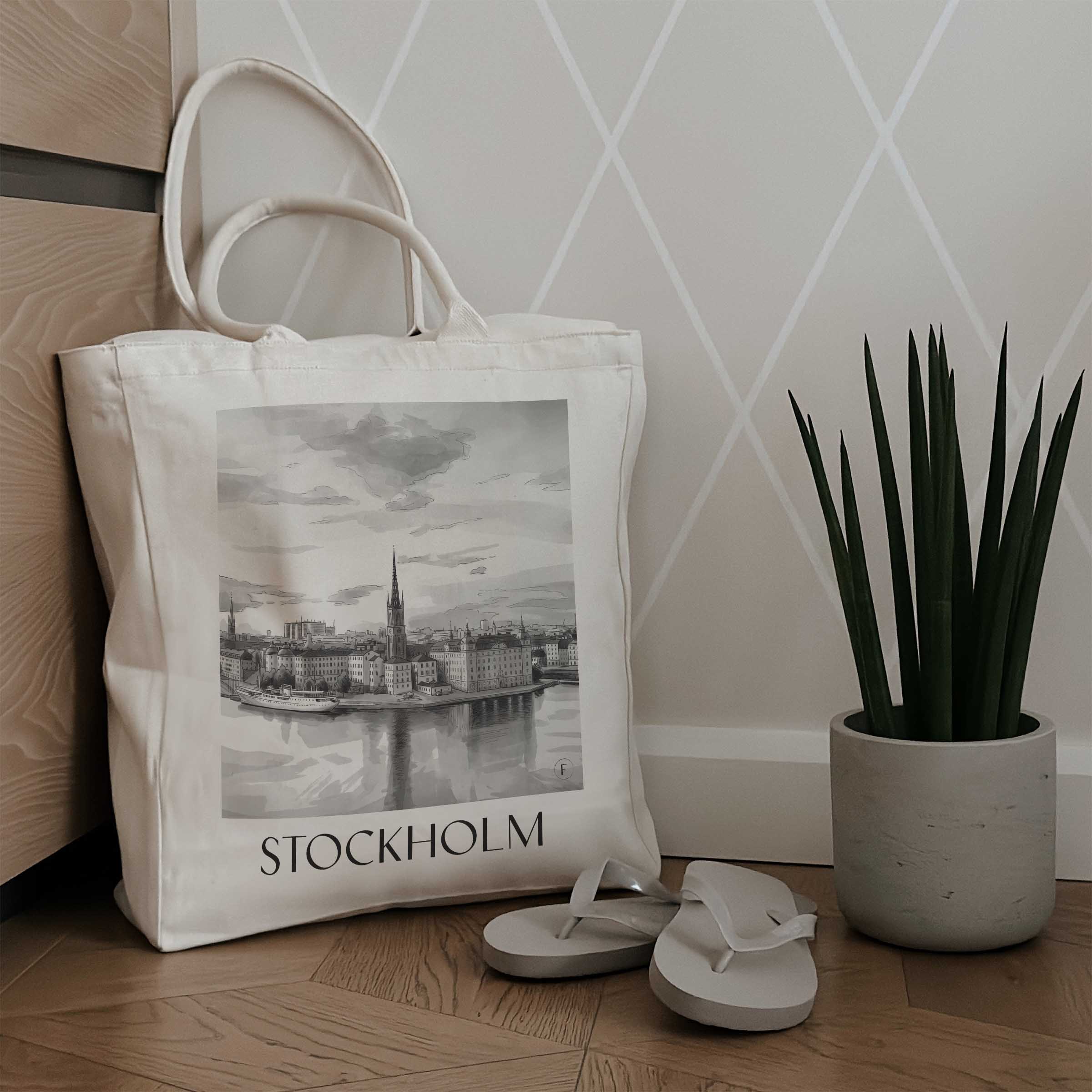 stockholm-schweden-einkaufstasche-aquarell-schwarz-weiss