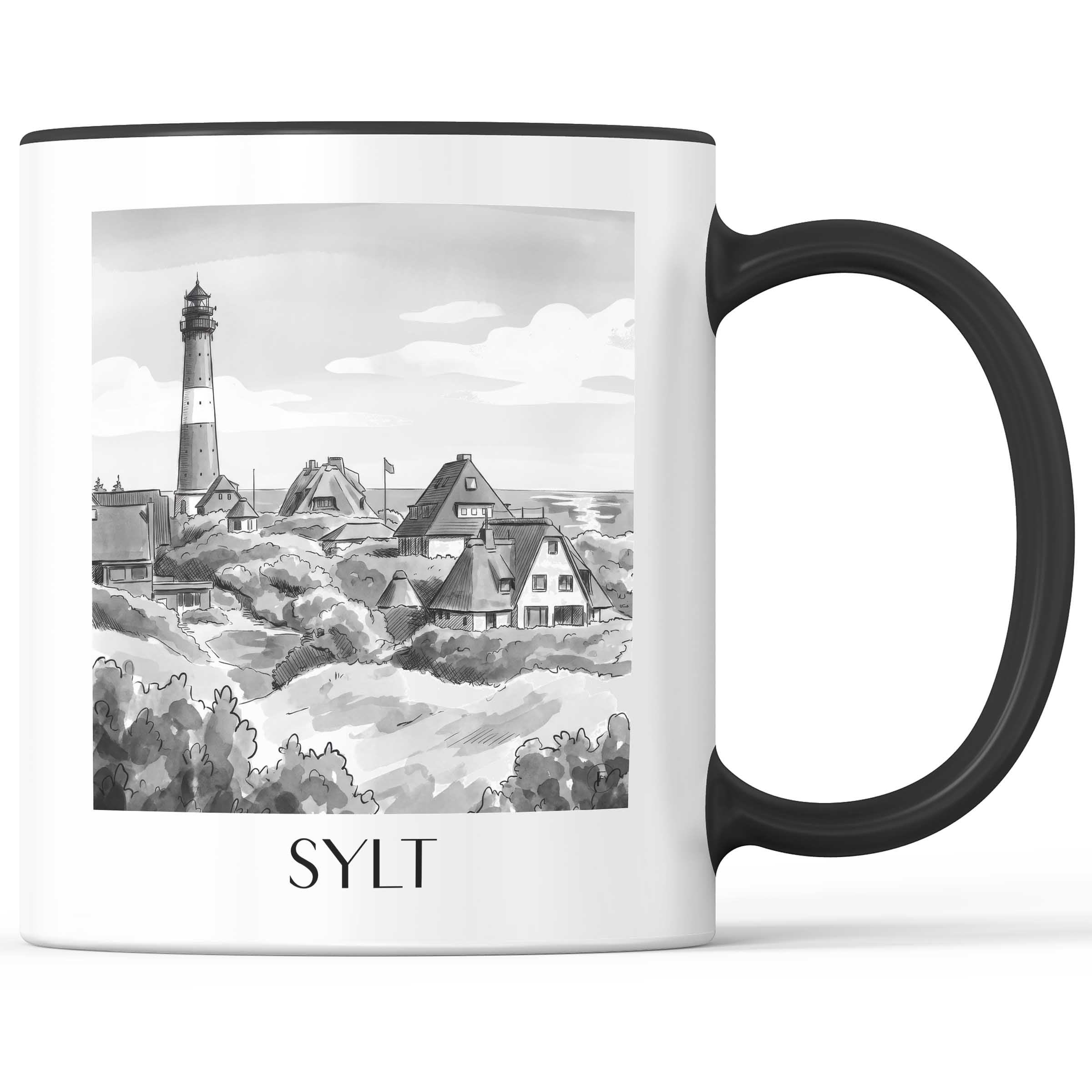 Sylt Kaffeebecher - Westerland - Deutschland Becher - Kaffeetasse im Aquarell Schwarz-Weiß Stil - favplace