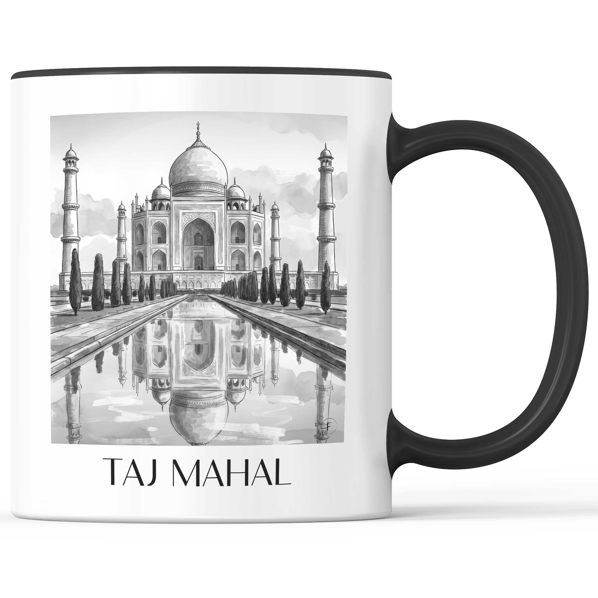 Taj Mahal - Indien Becher - Kaffeetasse im Aquarell Schwarz-Weiß Stil - favplace
