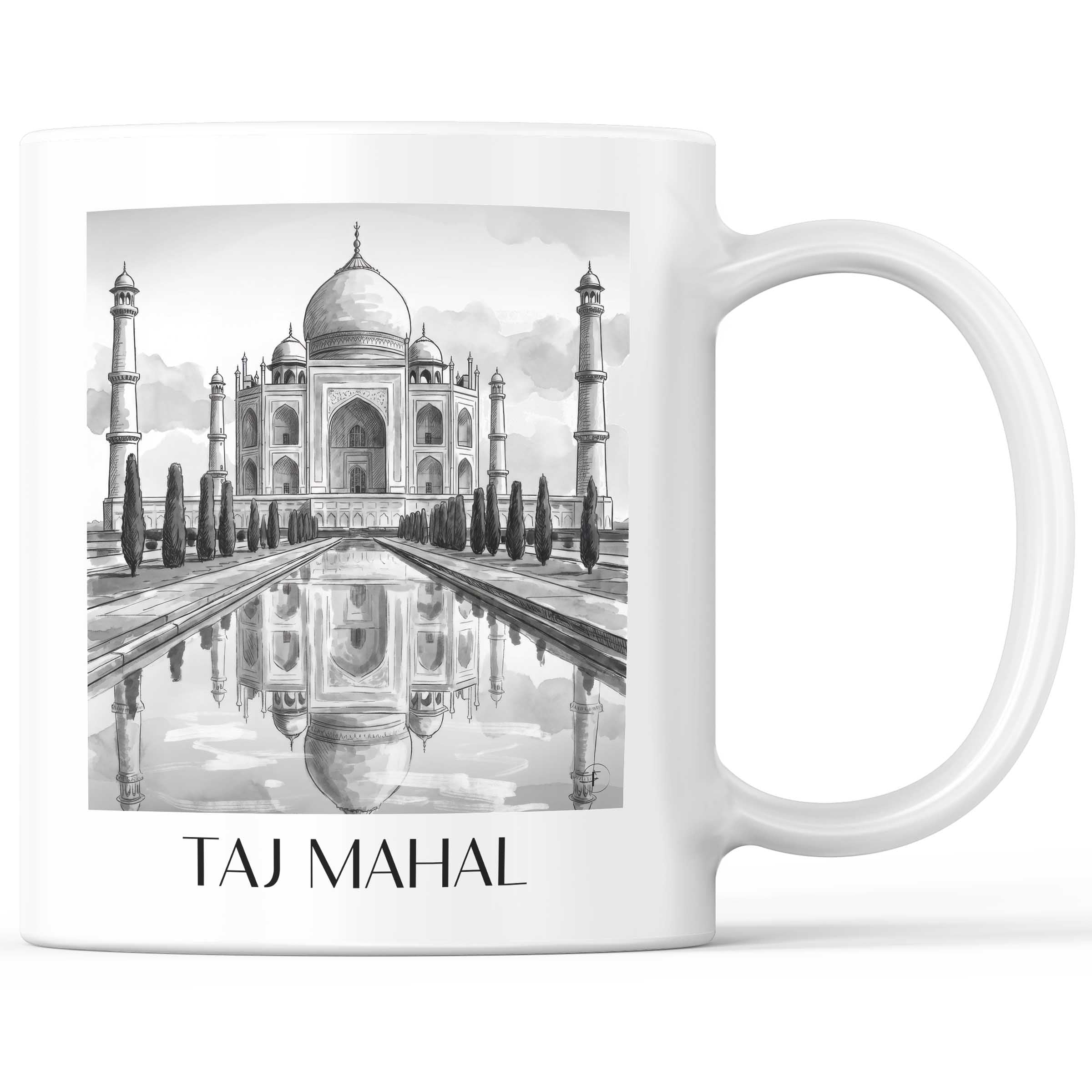 Taj Mahal - Indien Becher - Kaffeetasse im Aquarell Schwarz-Weiß Stil - favplace