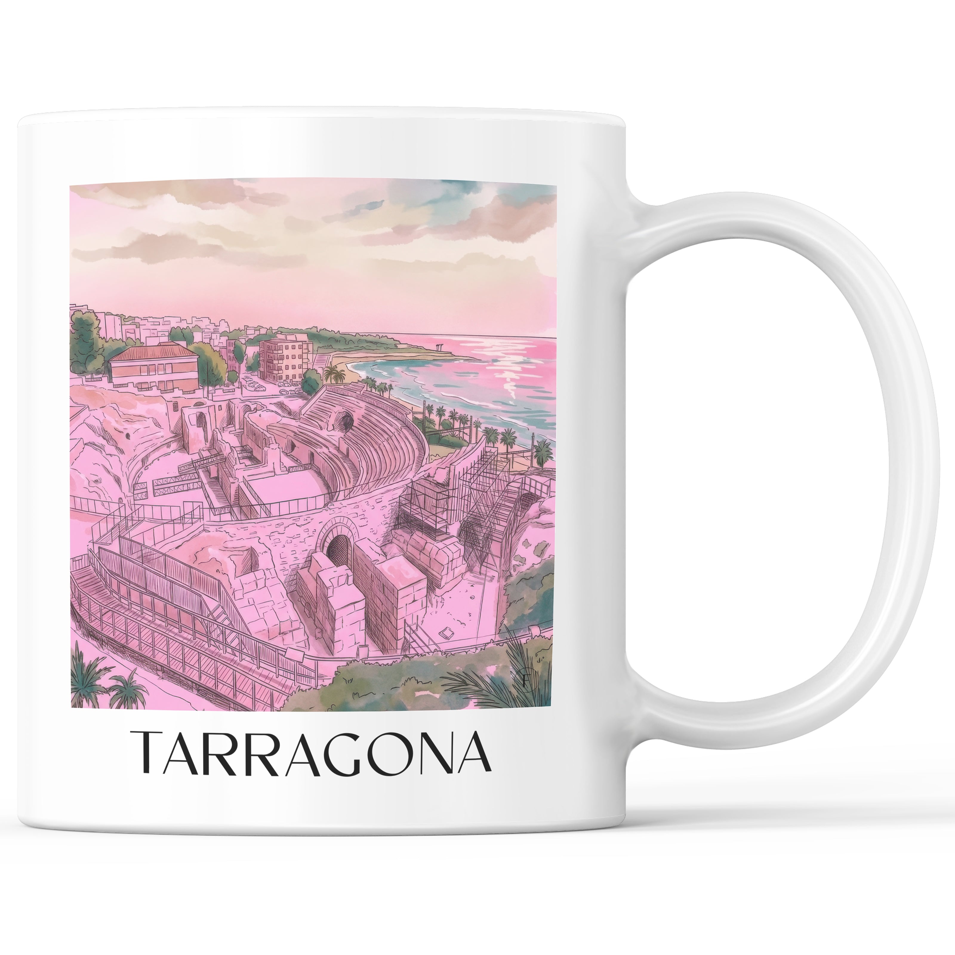 Tarragona Kaffeebecher - Spanien - Spanien Becher - Kaffeetasse im Aquarell Pink Stil - favplace