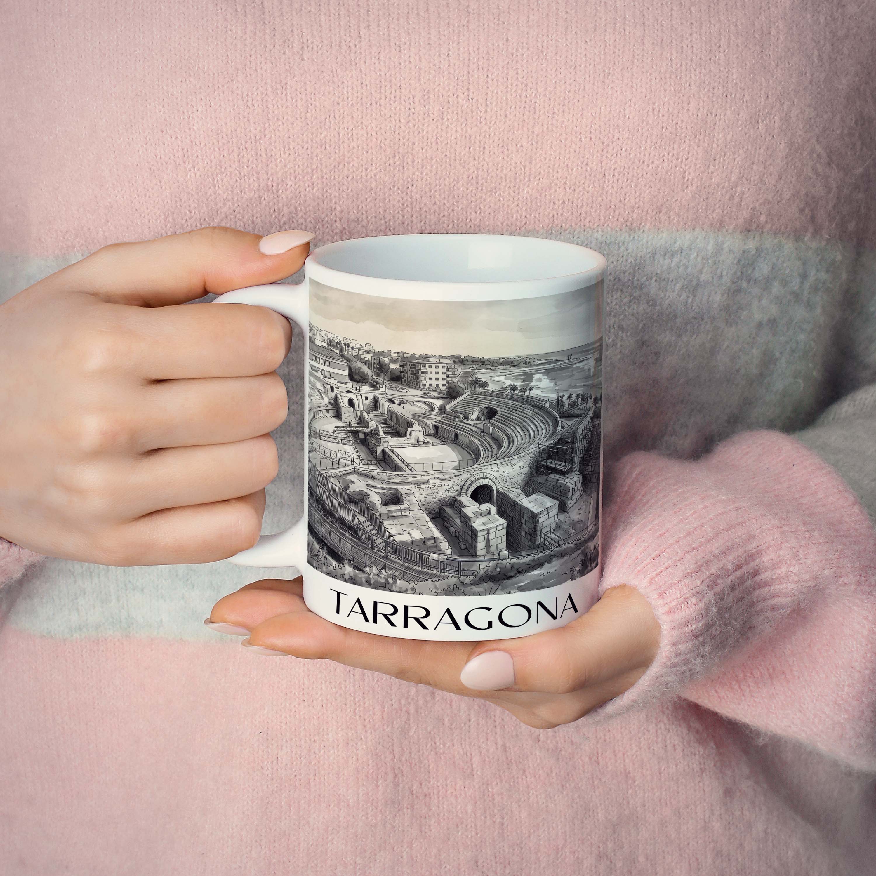 tarragona-spanien-spanien-kaffeebecher-aquarell-schwarz-weiss
