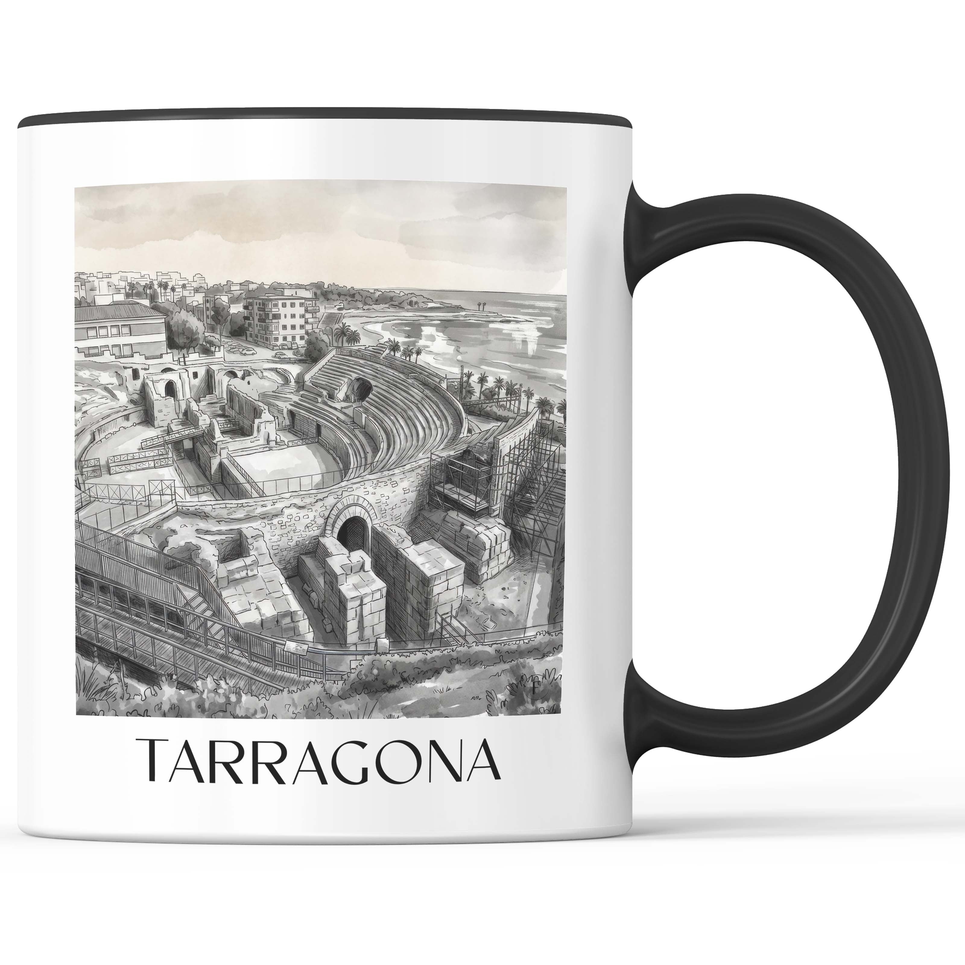 Tarragona Kaffeebecher - Spanien - Spanien Becher - Kaffeetasse im Aquarell Schwarz-Weiß Stil - favplace