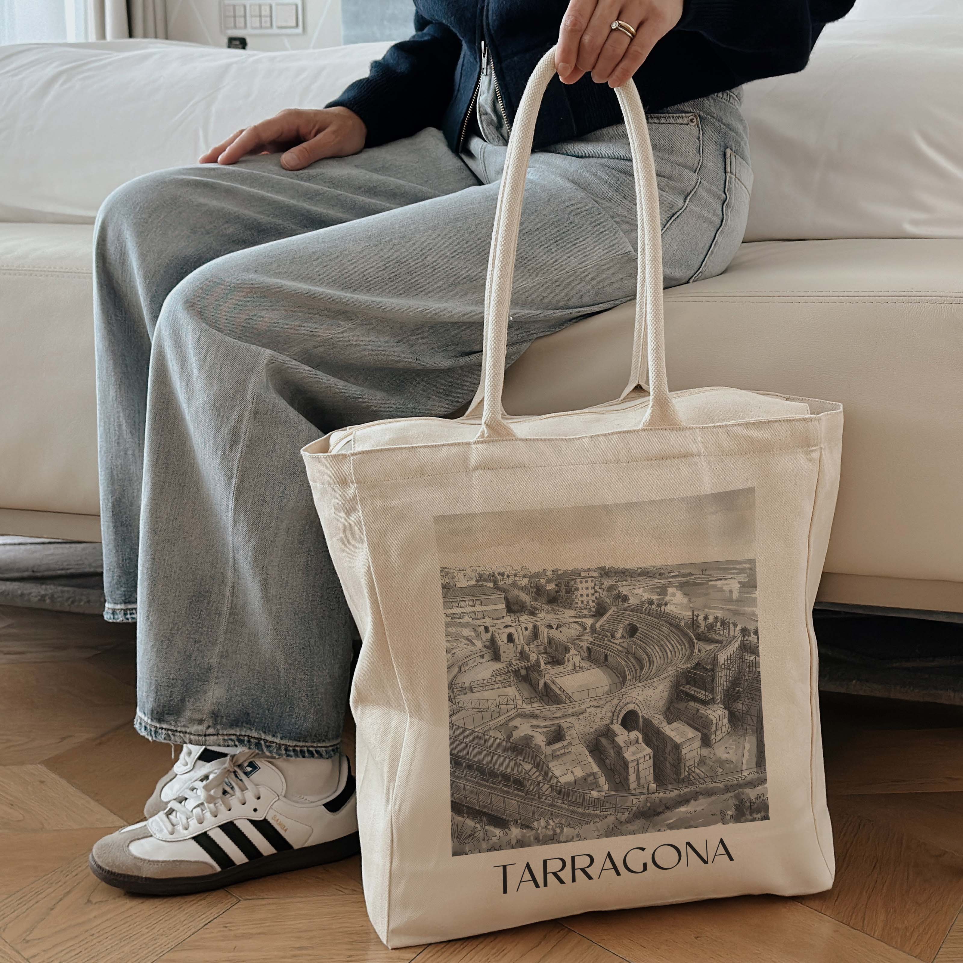 tarragona-spanien-spanien-einkaufstasche-aquarell-schwarz-weiss