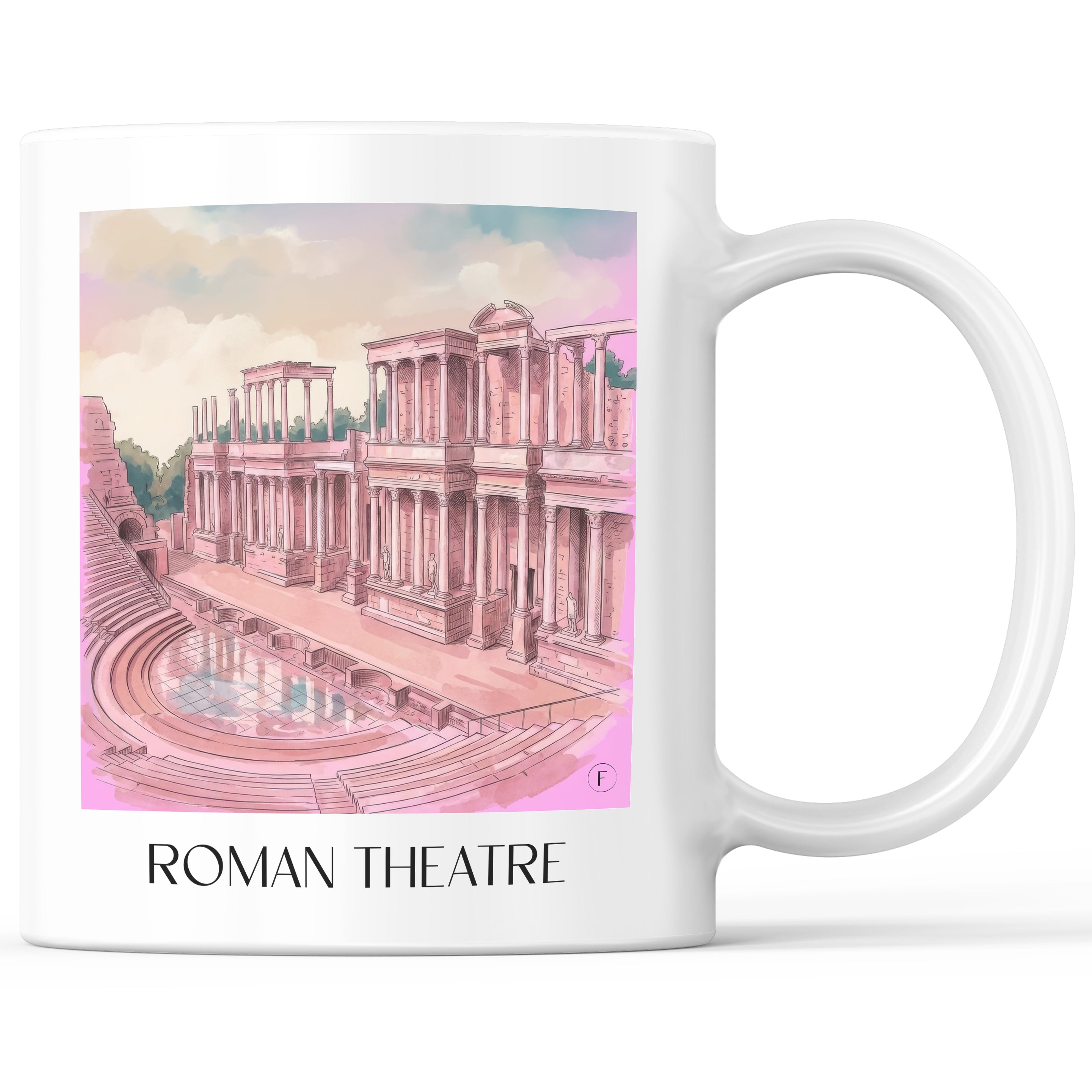 Teatro Romano Kaffeebecher - Mérída - Spanien Becher - Kaffeetasse im Aquarell Pink Stil - favplace
