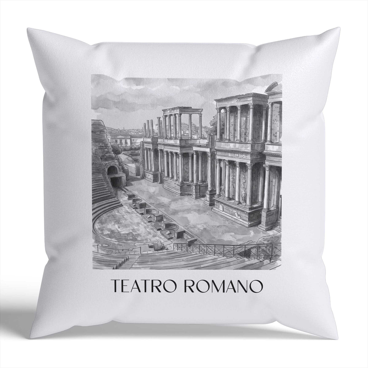teatro-romano-mérída-spanien-kissenbezug-aquarell-schwarz-weiss