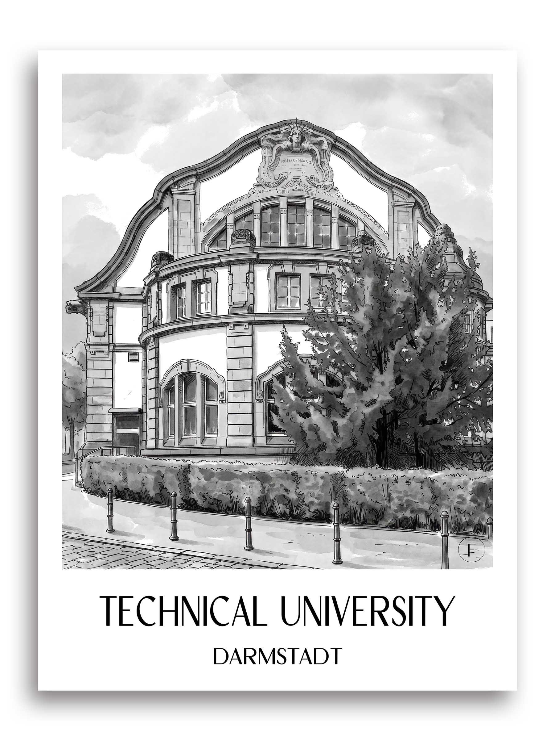 Technische Universität Poster - Darmstadt - Deutschland Kunstdruck - Aquarell Schwarz-Weiß von A4 bis A1