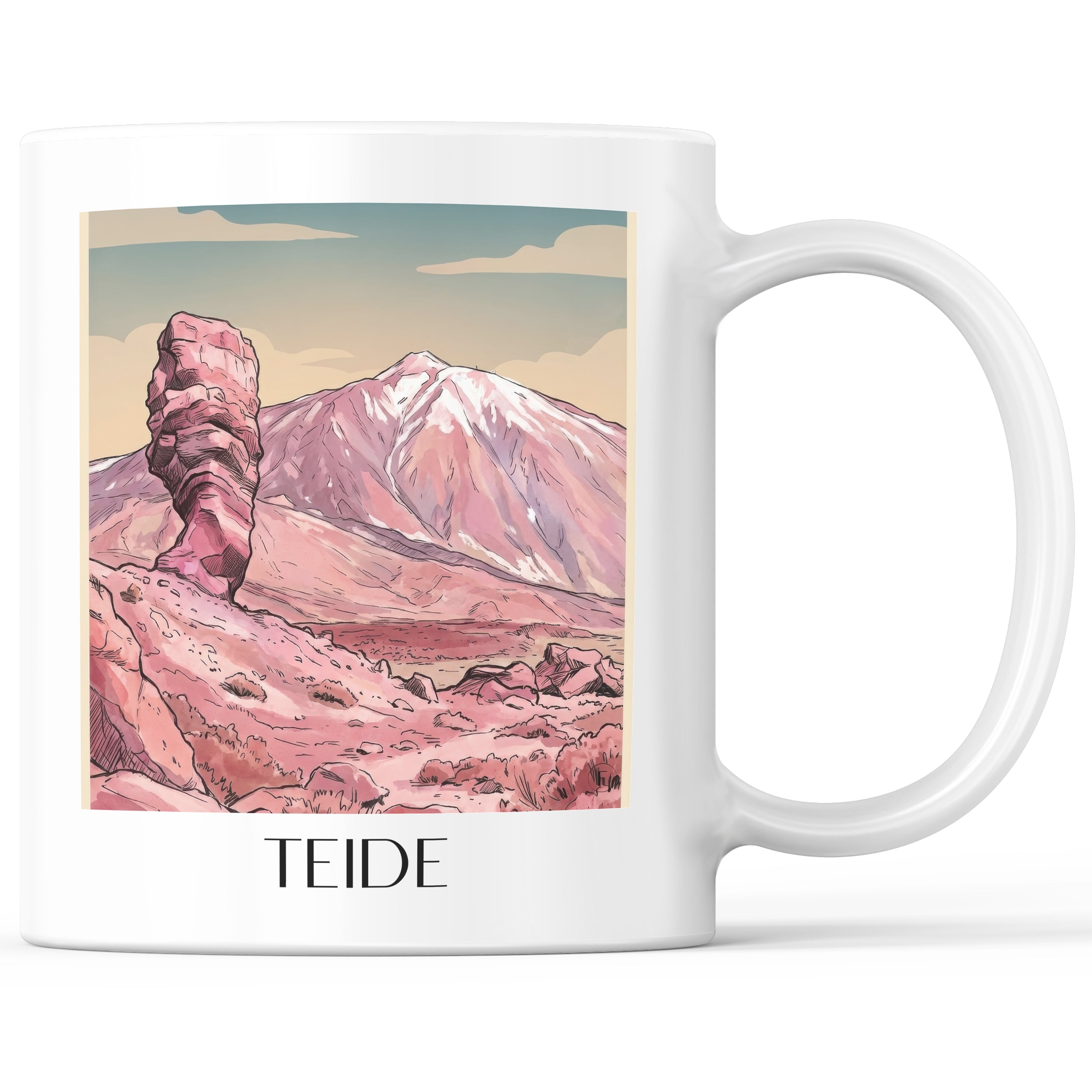 Teide Kaffeebecher - Teneriffa - Spanien Becher - Kaffeetasse im Aquarell Pink Stil - favplace