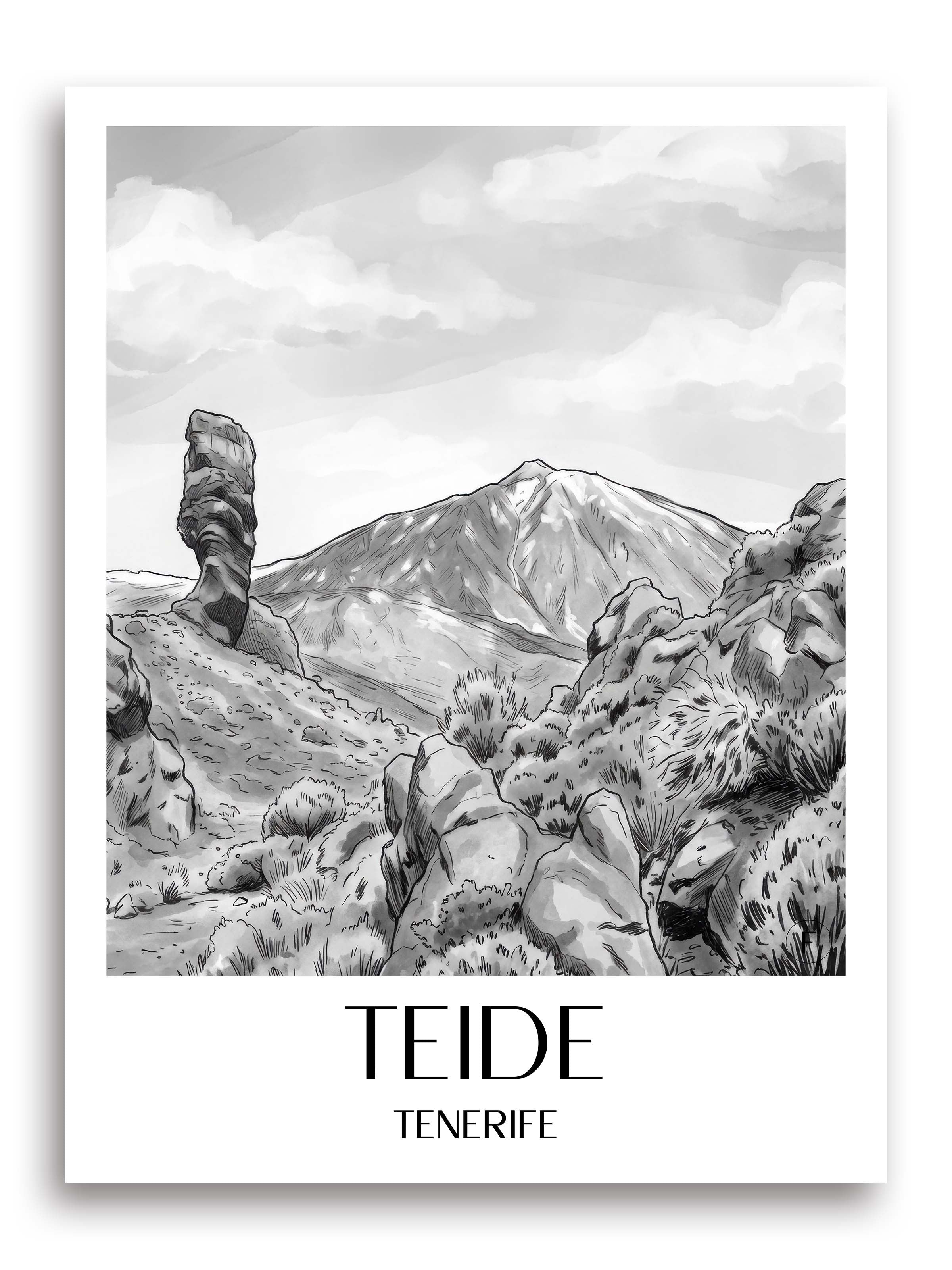 Teide Poster - Teneriffa - Spanien Kunstdruck - Aquarell Schwarz-Weiß von A4 bis A1 - favplace