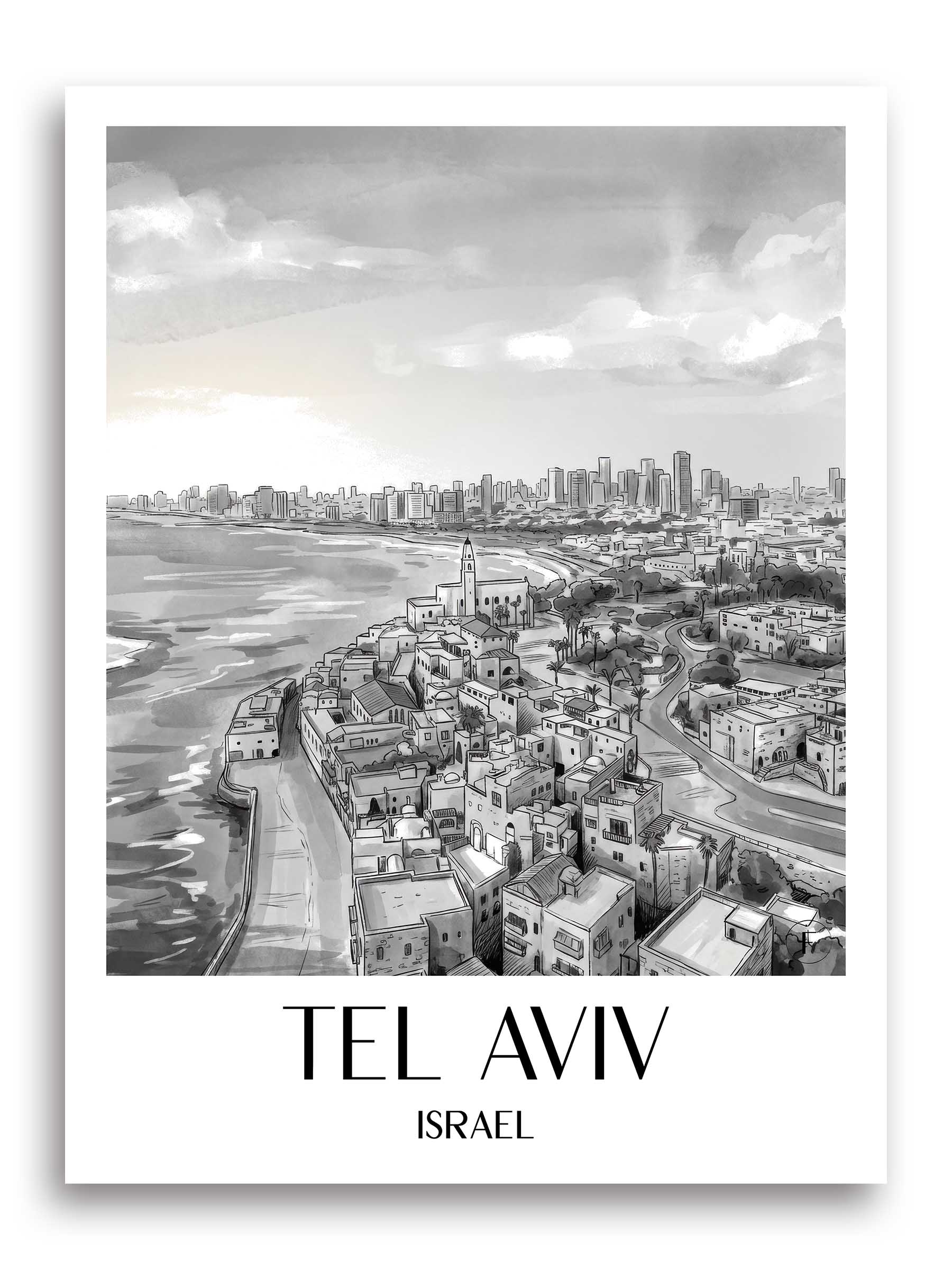 Tel Aviv Poster - - Israel Kunstdruck - Aquarell Schwarz-Weiß von A4 bis A1 - favplace