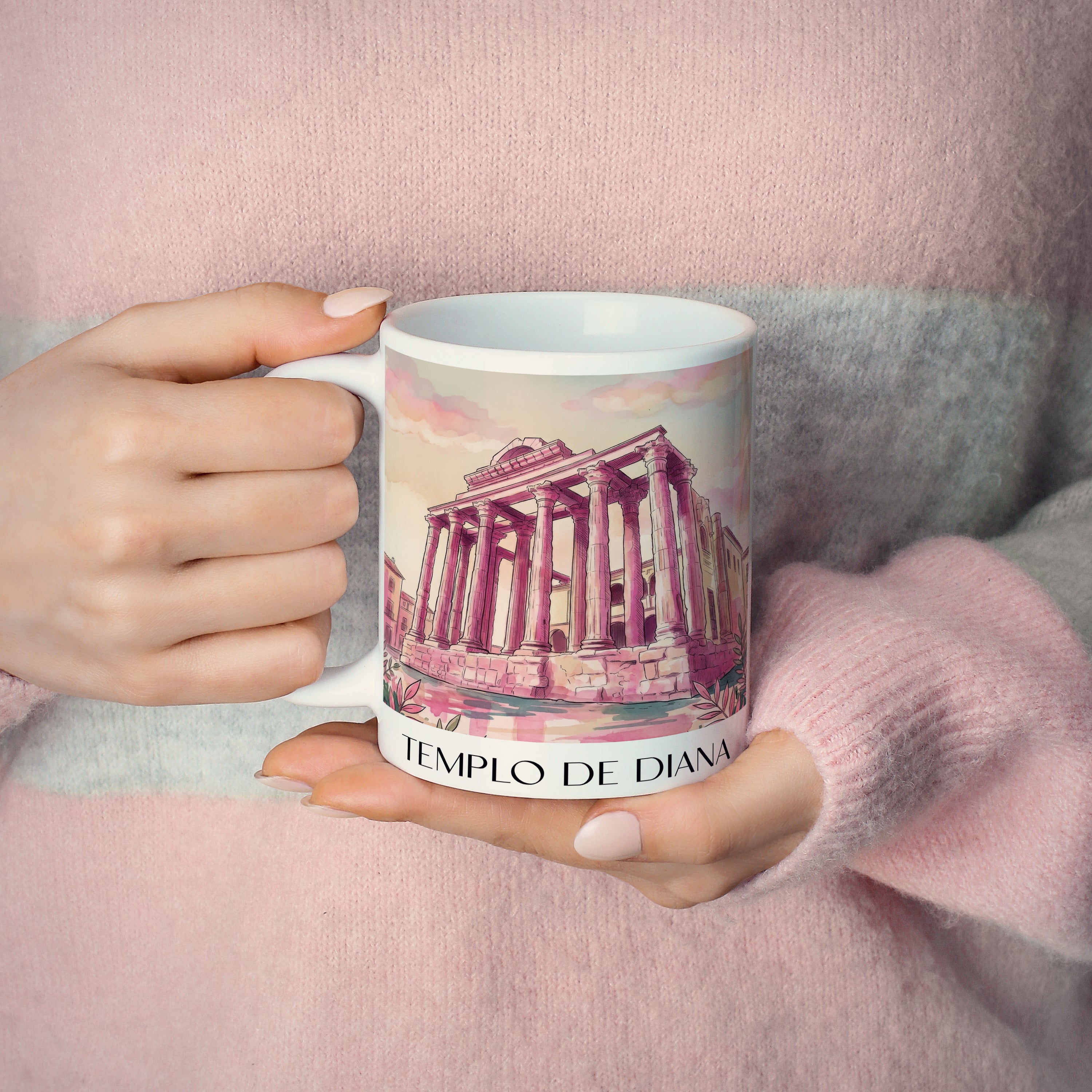 templo-de-diana-mérída-spanien-kaffeebecher-aquarell-pink-rosa