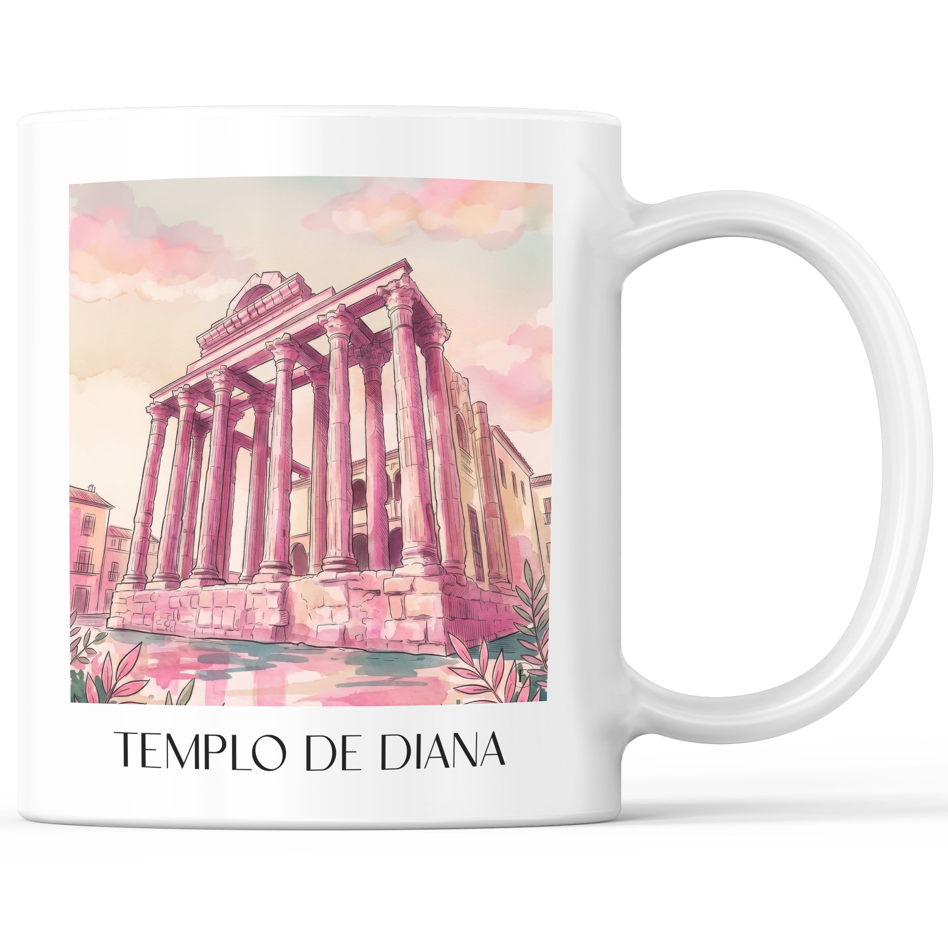 Templo de Diana Kaffeebecher - Mérída - Spanien Becher - Kaffeetasse im Aquarell Pink Stil - favplace