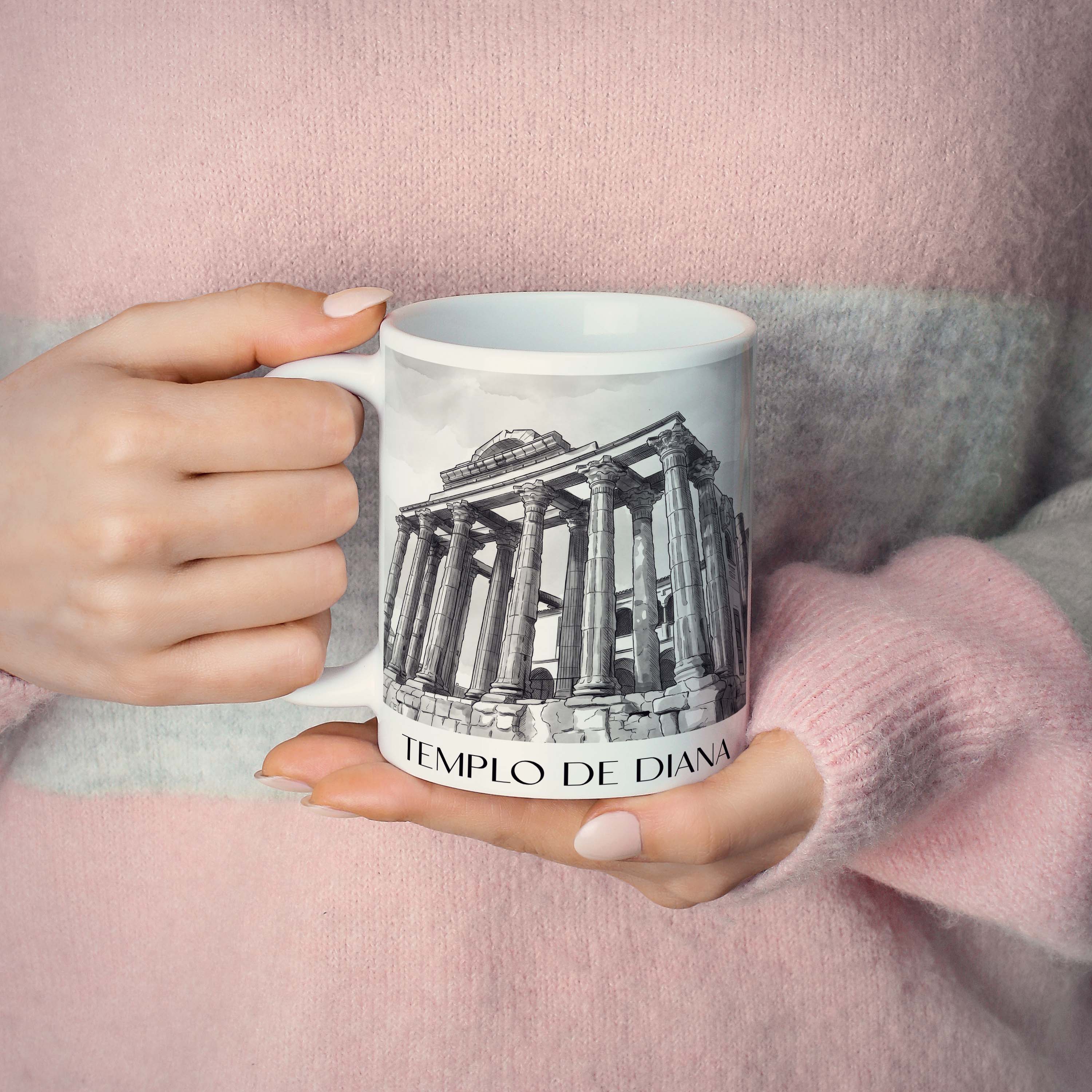 templo-de-diana-mérída-spanien-kaffeebecher-aquarell-schwarz-weiss