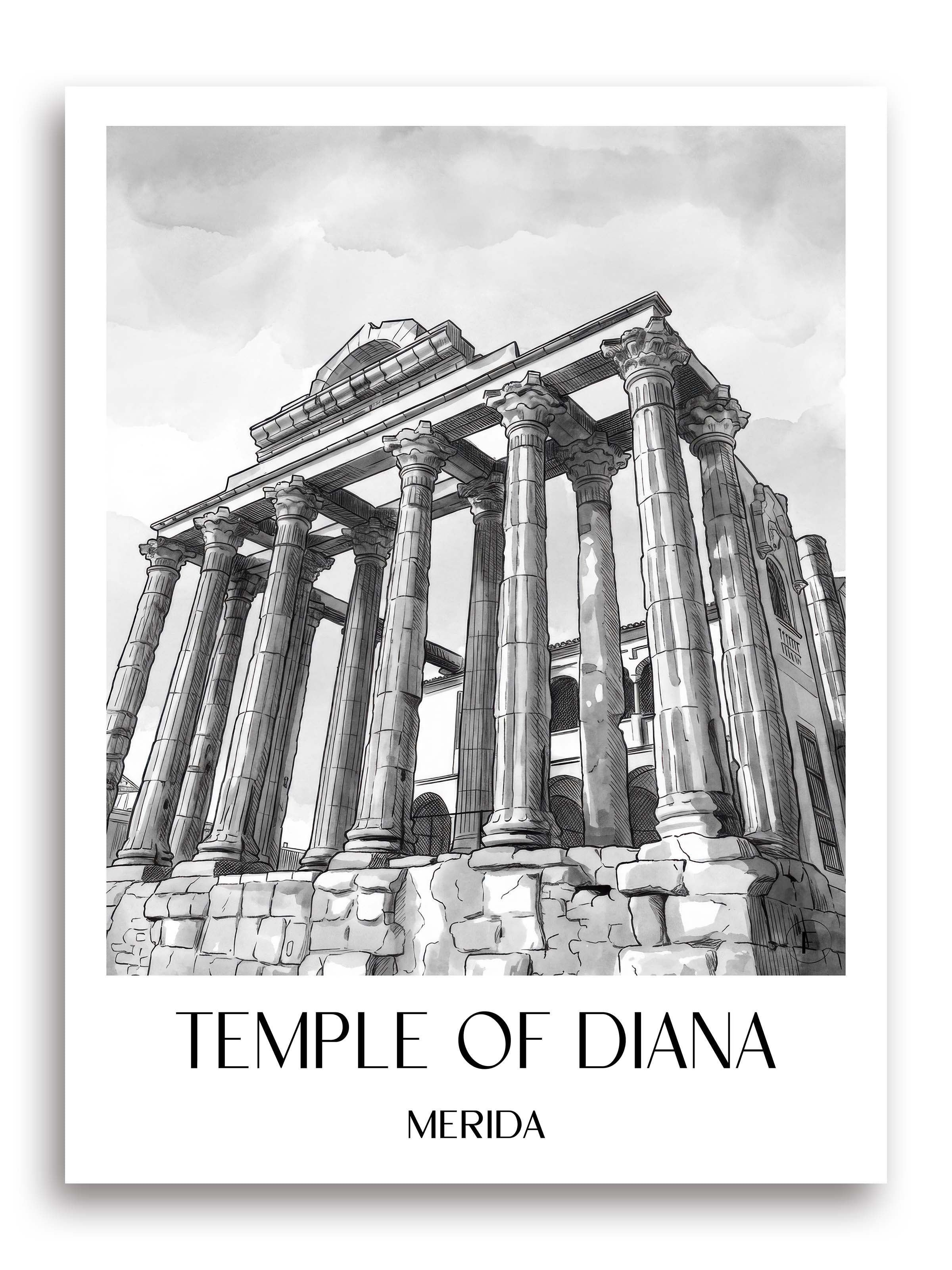 Templo de Diana Poster - Mérída - Spanien Kunstdruck - Aquarell Schwarz-Weiß von A4 bis A1 - favplace