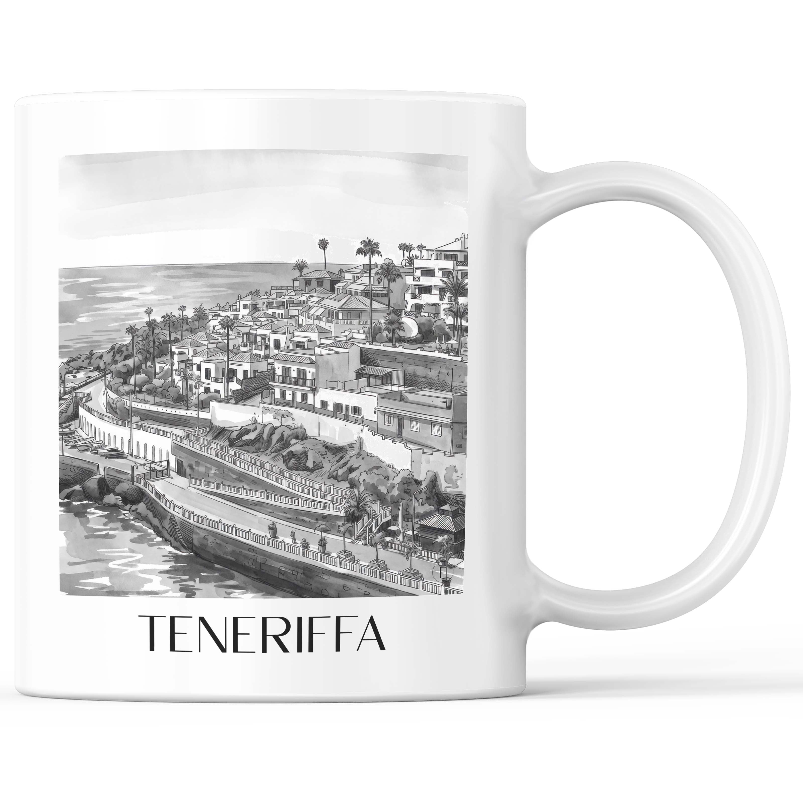 Teneriffa Kaffeebecher - Spanien - Spanien Becher - Kaffeetasse im Aquarell Schwarz-Weiß Stil - favplace