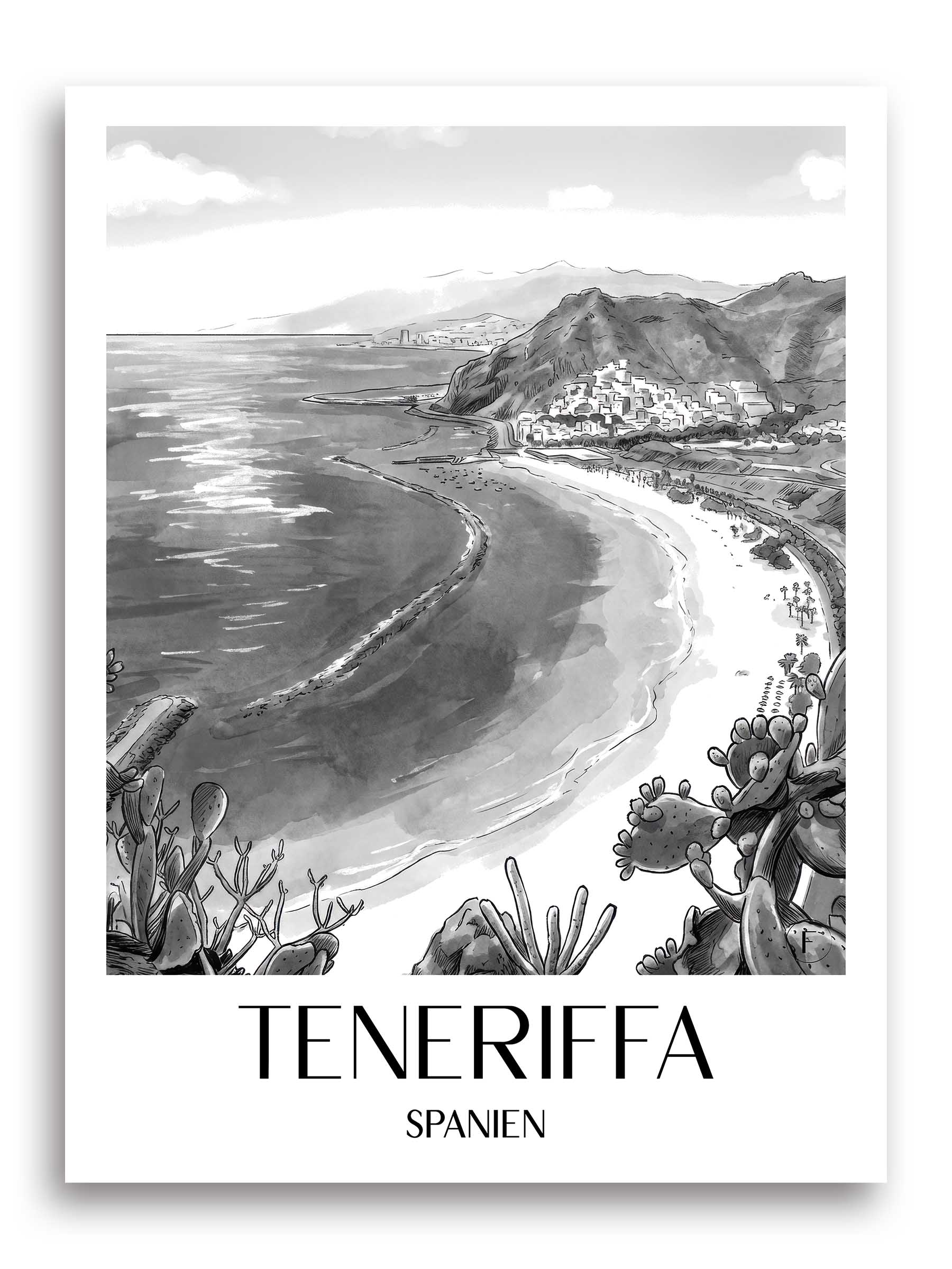 teneriffa-spanien-poster-aquarell-schwarz-weiss