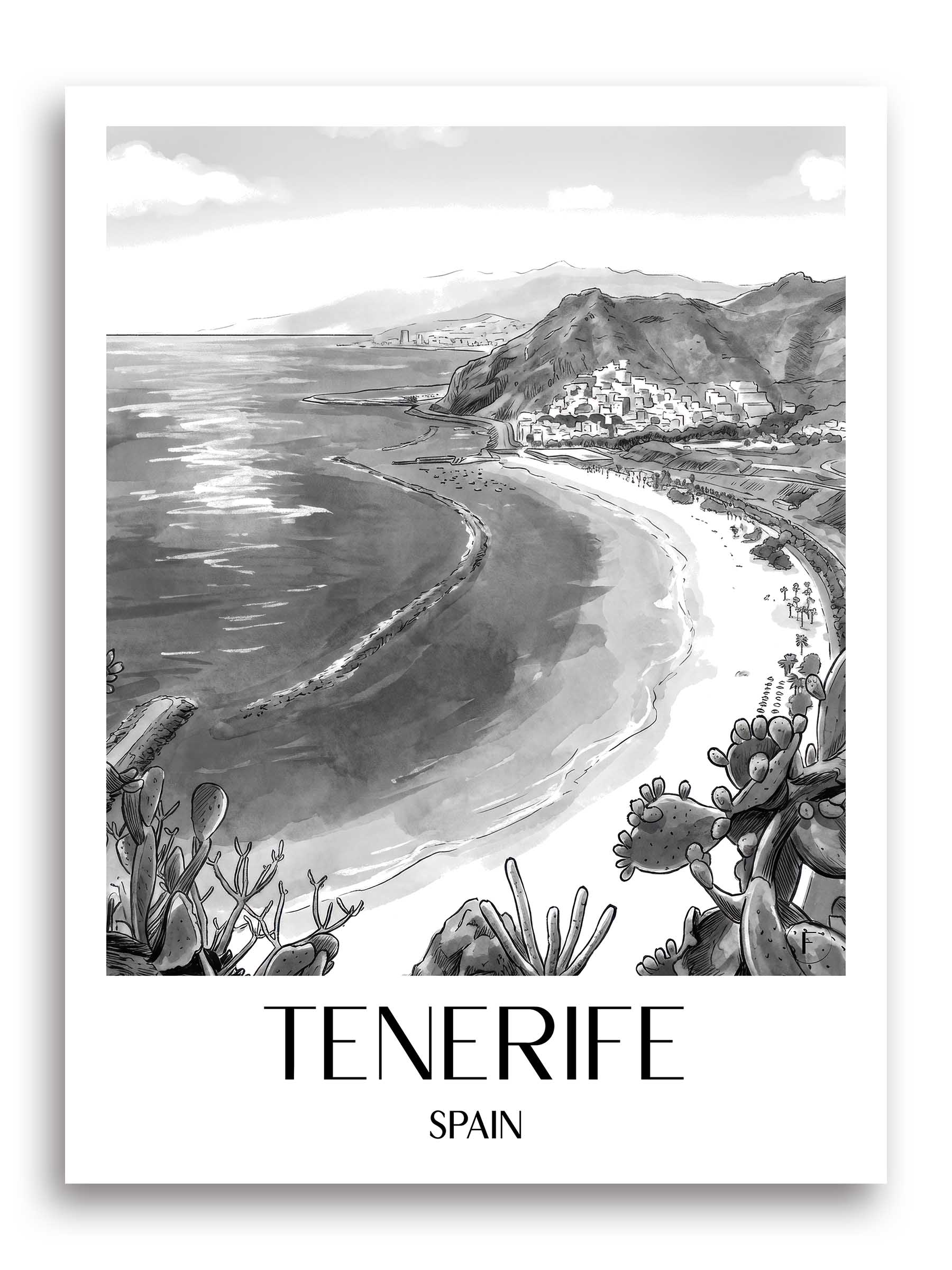 Teneriffa Poster - - Spanien Kunstdruck - Aquarell Schwarz-Weiß von A4 bis A1 - favplace
