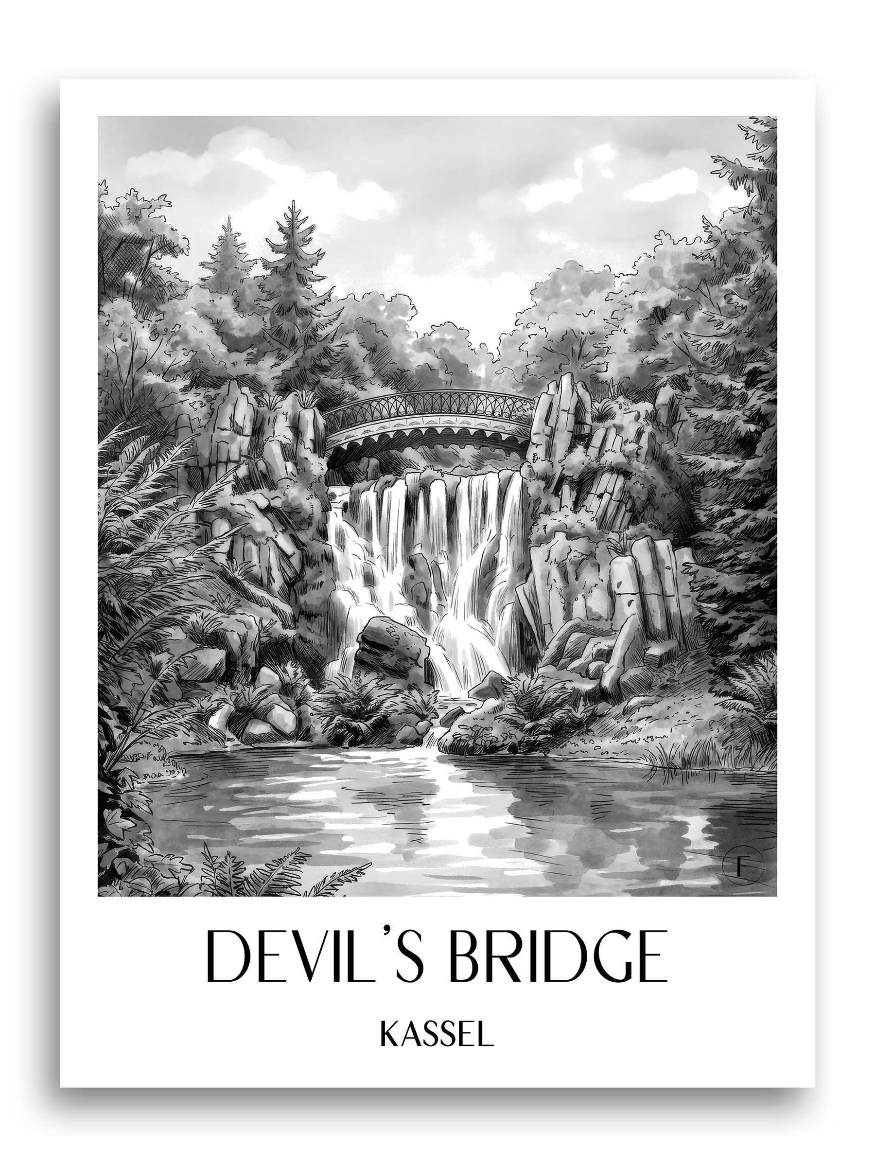 Teufelsbrücke Poster - Kassel - Deutschland Kunstdruck - Aquarell Schwarz-Weiß von A4 bis A1 - favplace