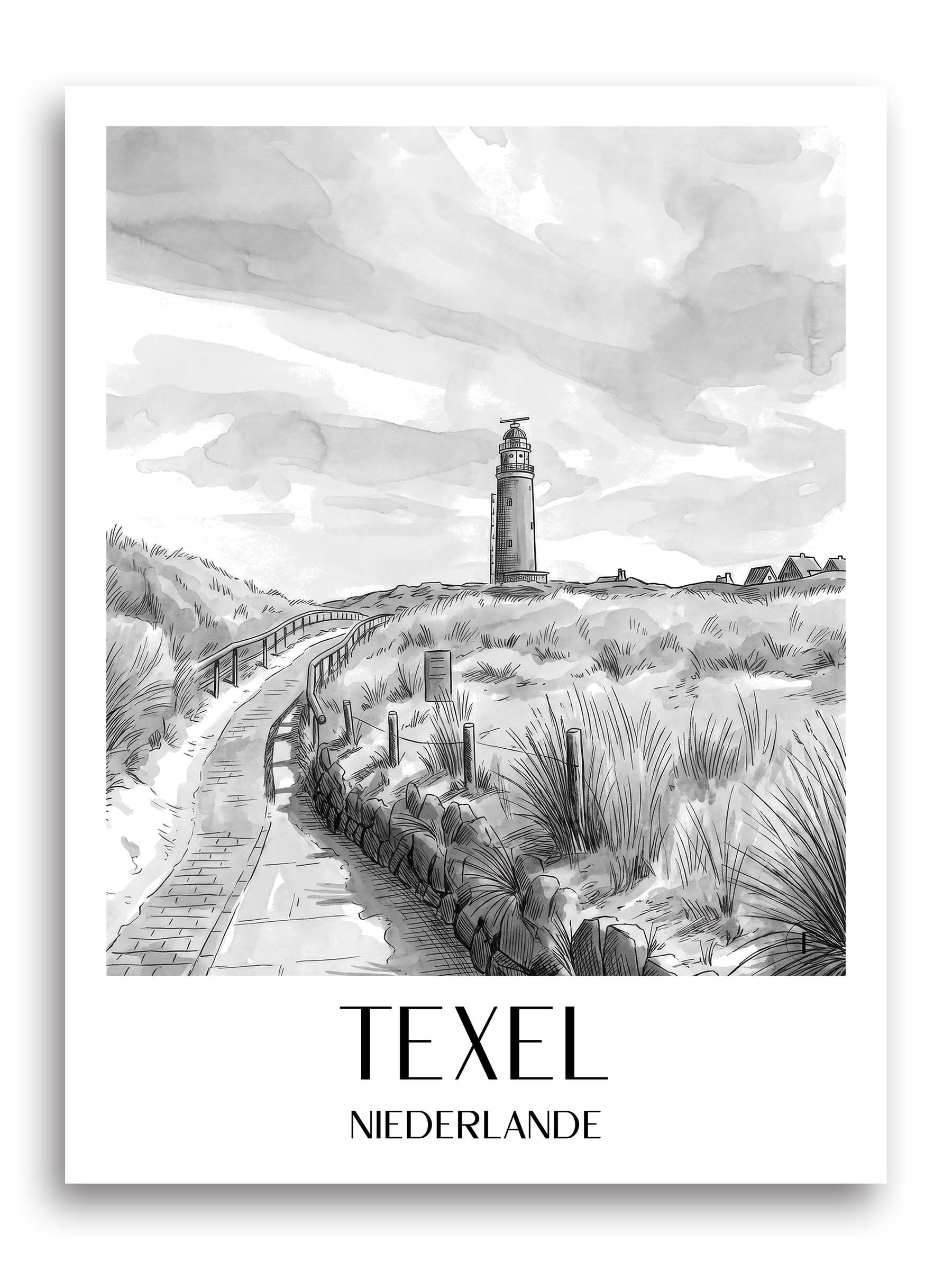 texel-niederlande-poster-aquarell-schwarz-weiss
