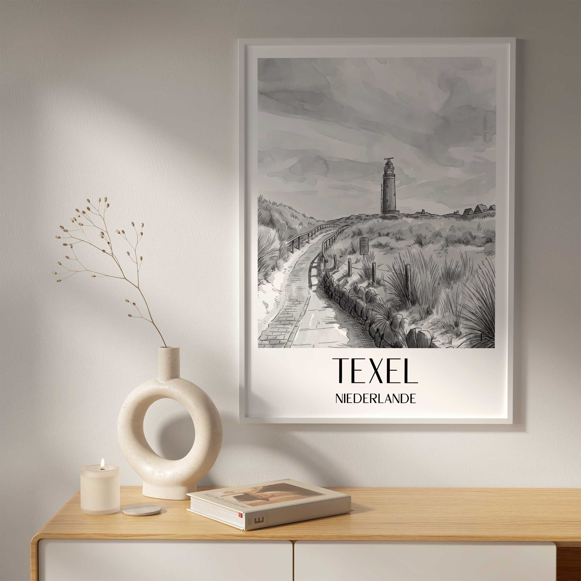 texel-niederlande-poster-aquarell-schwarz-weiss