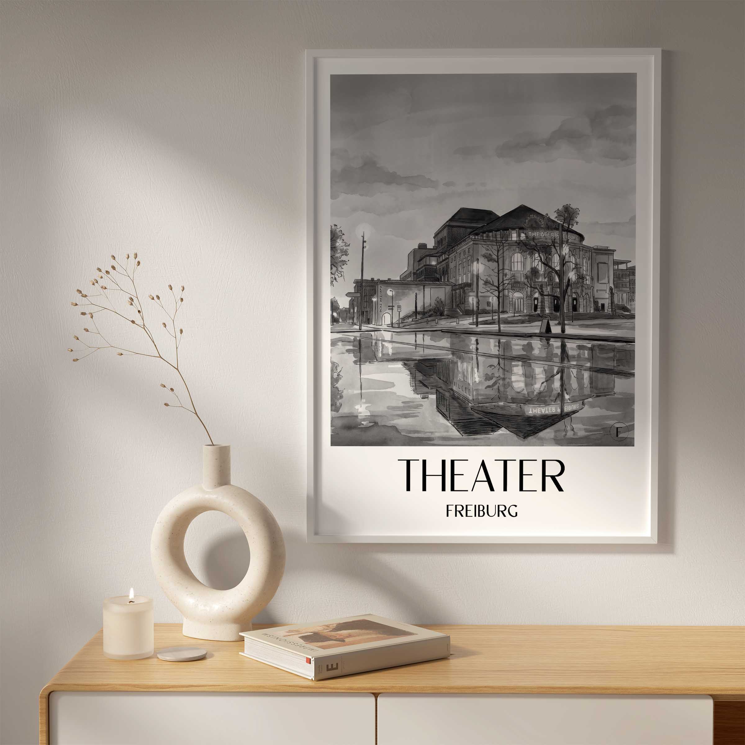 theater-freiburg-deutschland-poster-aquarell-schwarz-weiss