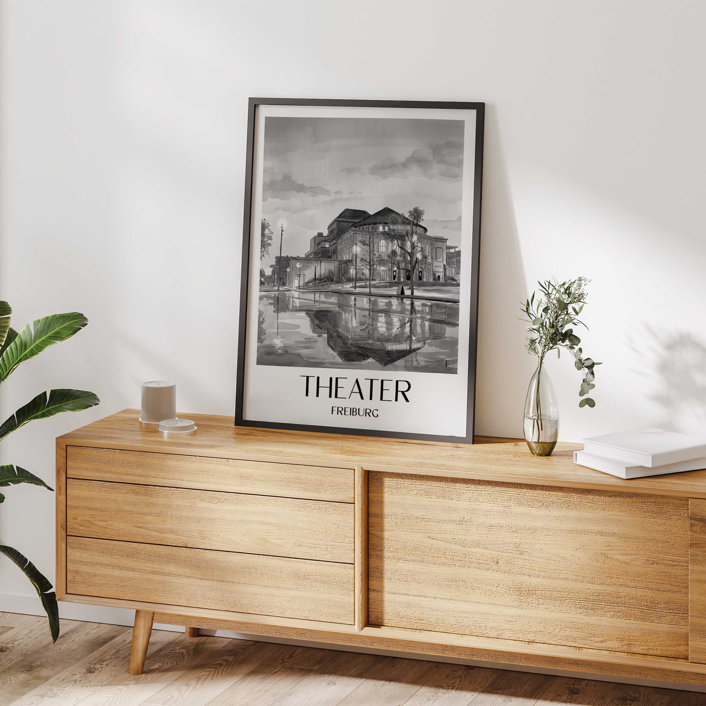 theater-freiburg-deutschland-poster-aquarell-schwarz-weiss