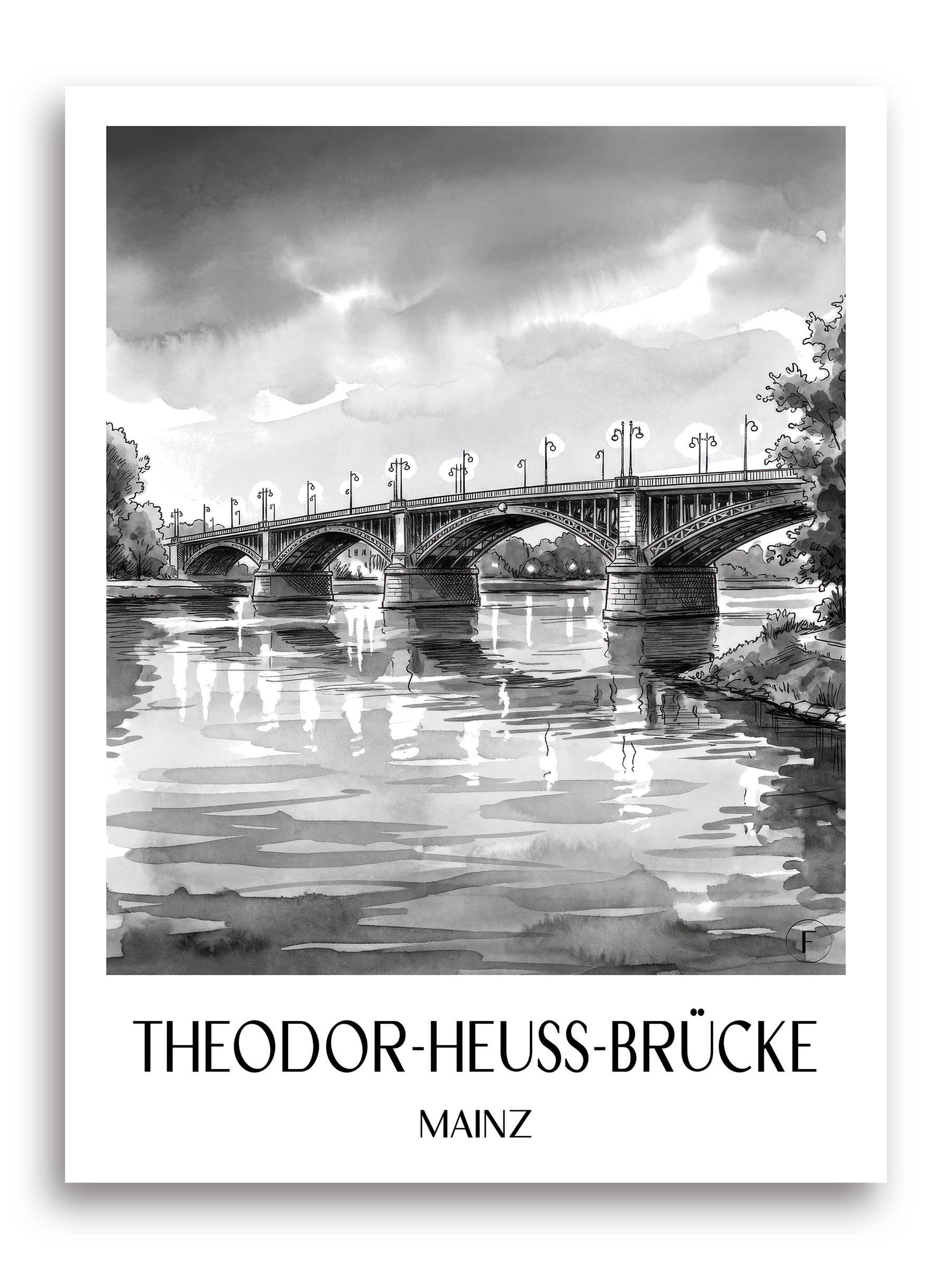 theodor-heuss-brücke-mainz-deutschland-poster-aquarell-schwarz-weiss