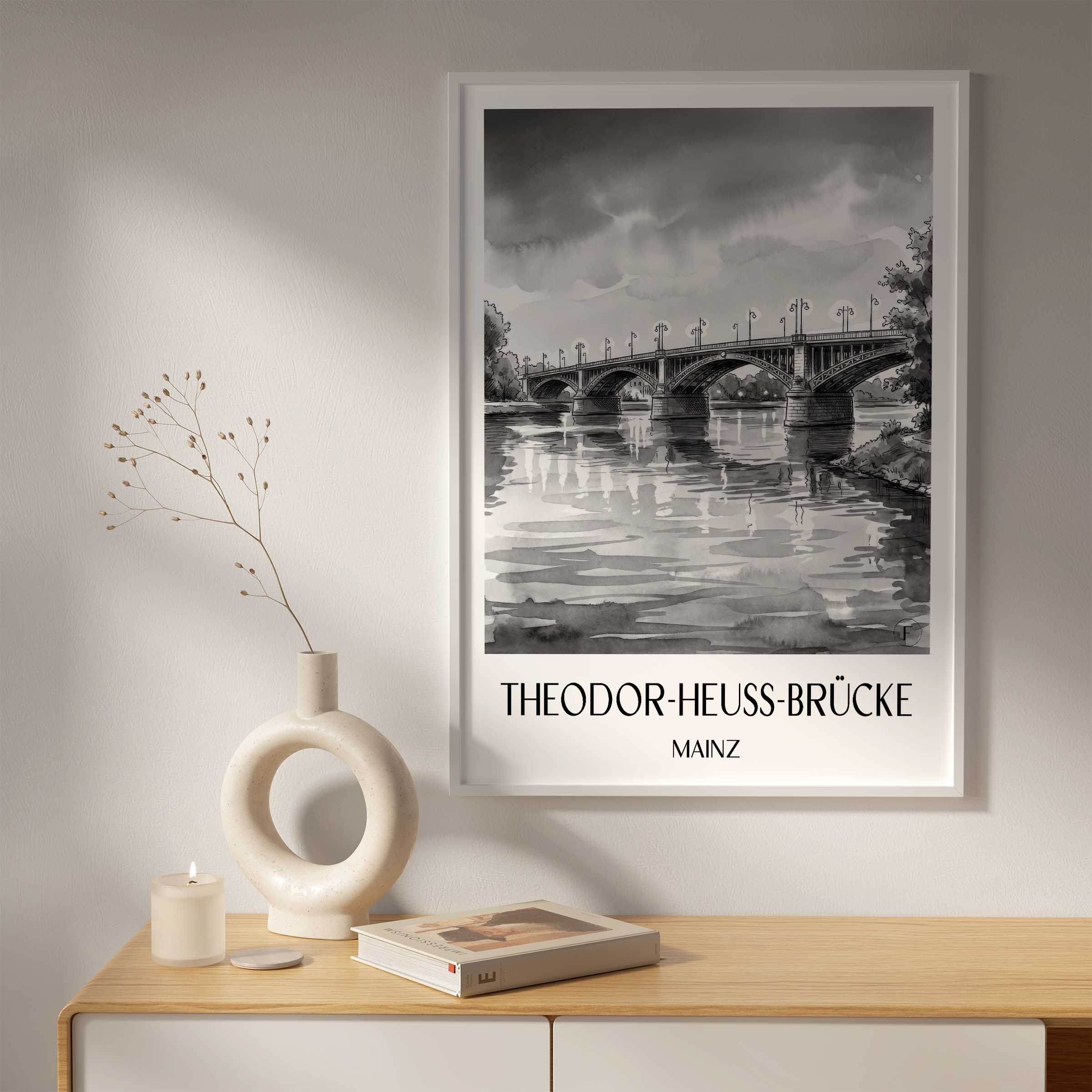 theodor-heuss-brücke-mainz-deutschland-poster-aquarell-schwarz-weiss