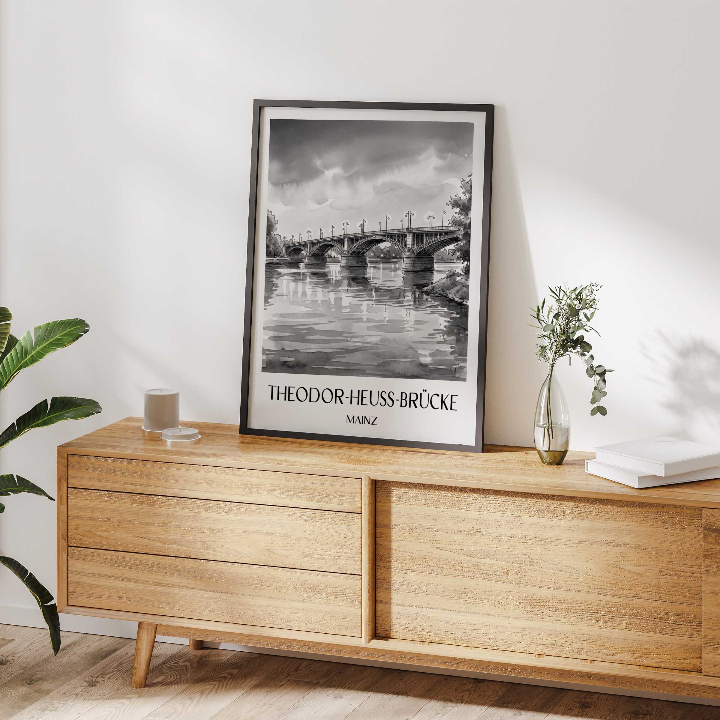 theodor-heuss-brücke-mainz-deutschland-poster-aquarell-schwarz-weiss