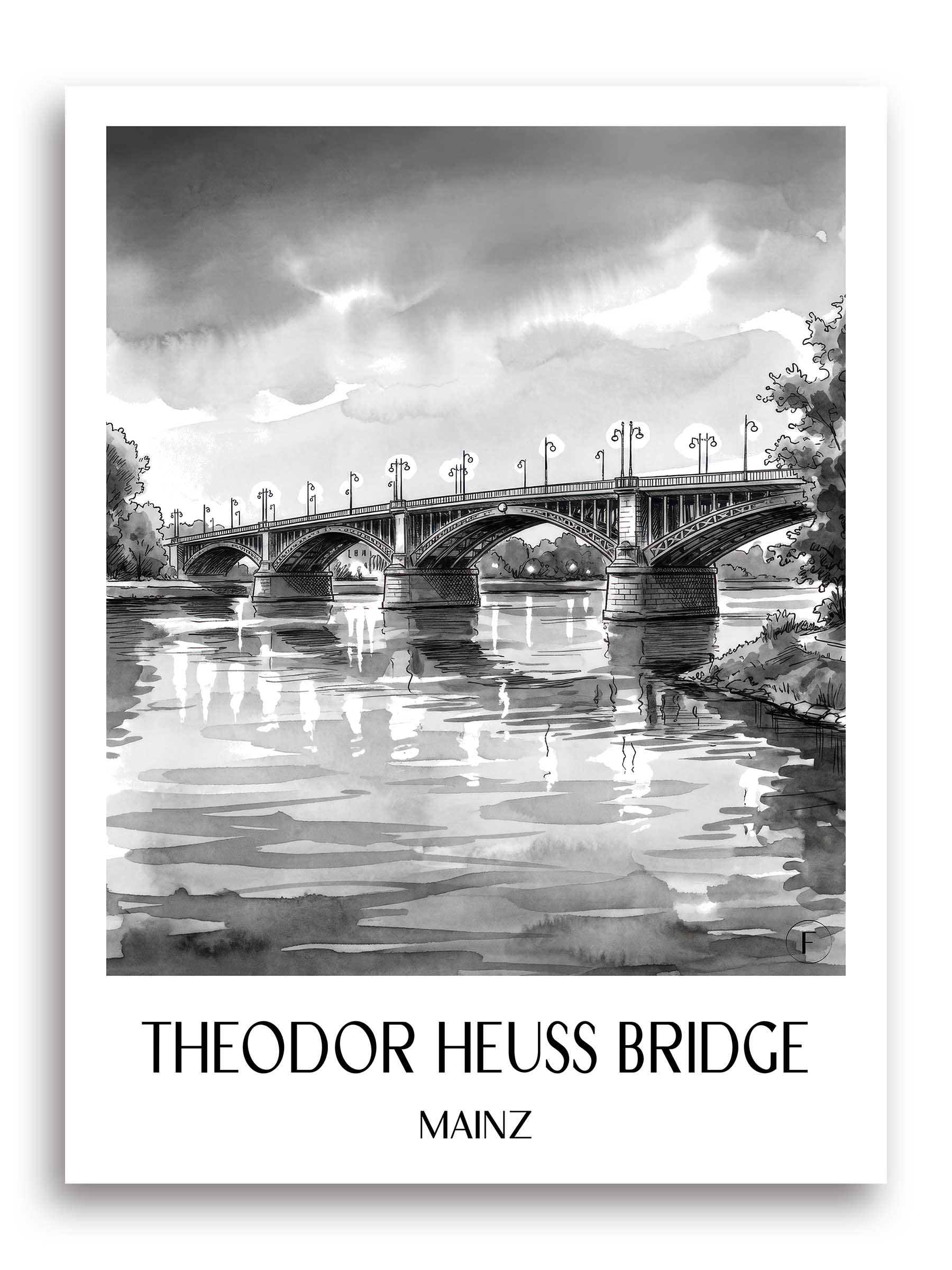 Theodor-Heuss-Brücke Poster - Mainz - Deutschland Kunstdruck - Aquarell Schwarz-Weiß von A4 bis A1 - favplace