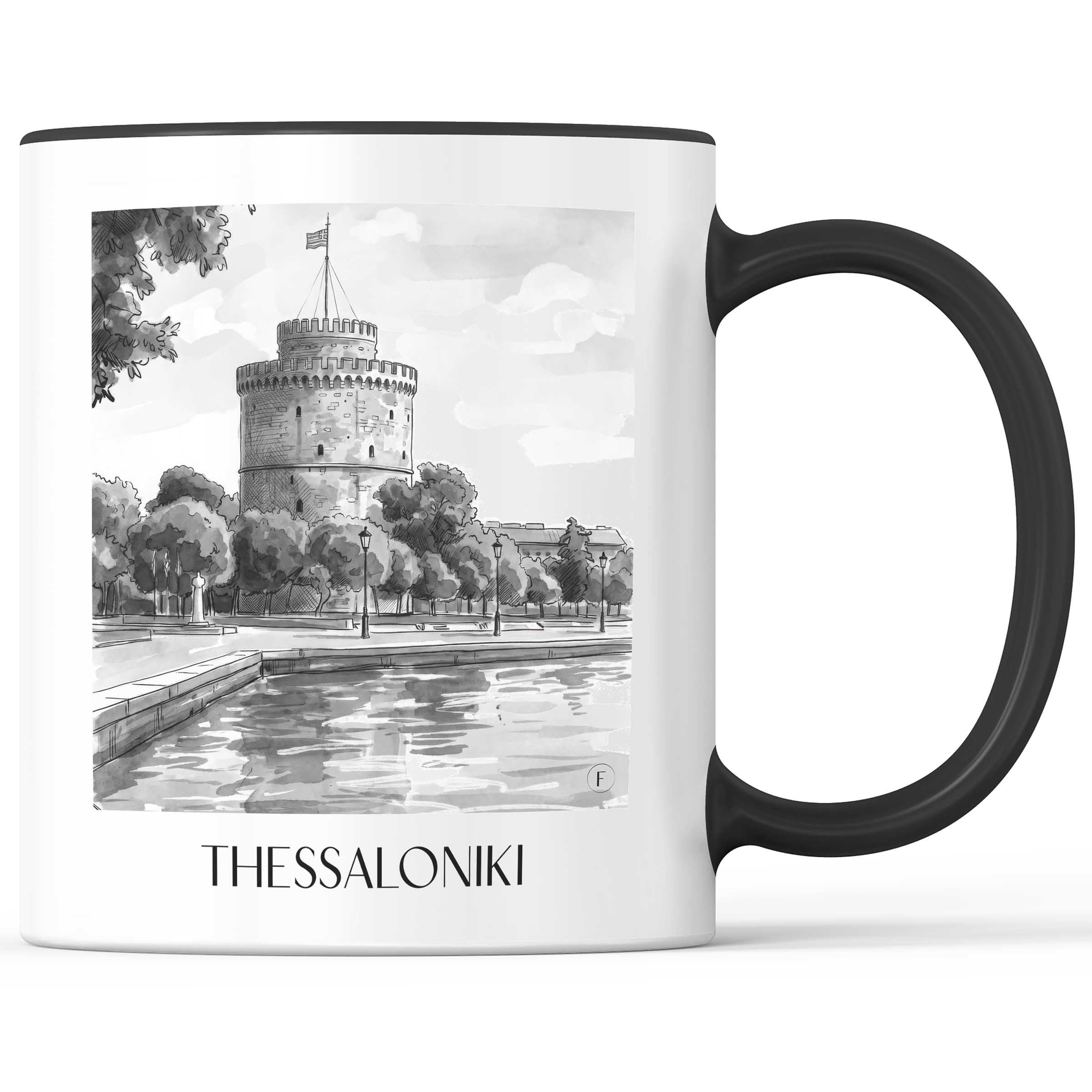 Thessaloniki - Griechenland Becher - Kaffeetasse im Aquarell Schwarz-Weiß Stil - favplace
