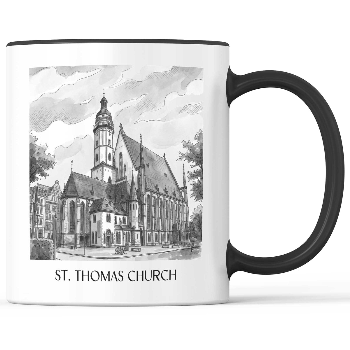 Thomaskirche Kaffeebecher - Leipzig - Deutschland Becher - Kaffeetasse im Aquarell Schwarz-Weiß Stil - favplace