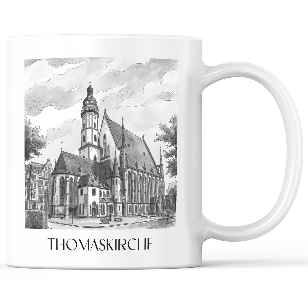 Thomaskirche Kaffeebecher - Leipzig - Deutschland Becher - Kaffeetasse im Aquarell Schwarz-Weiß Stil - favplace