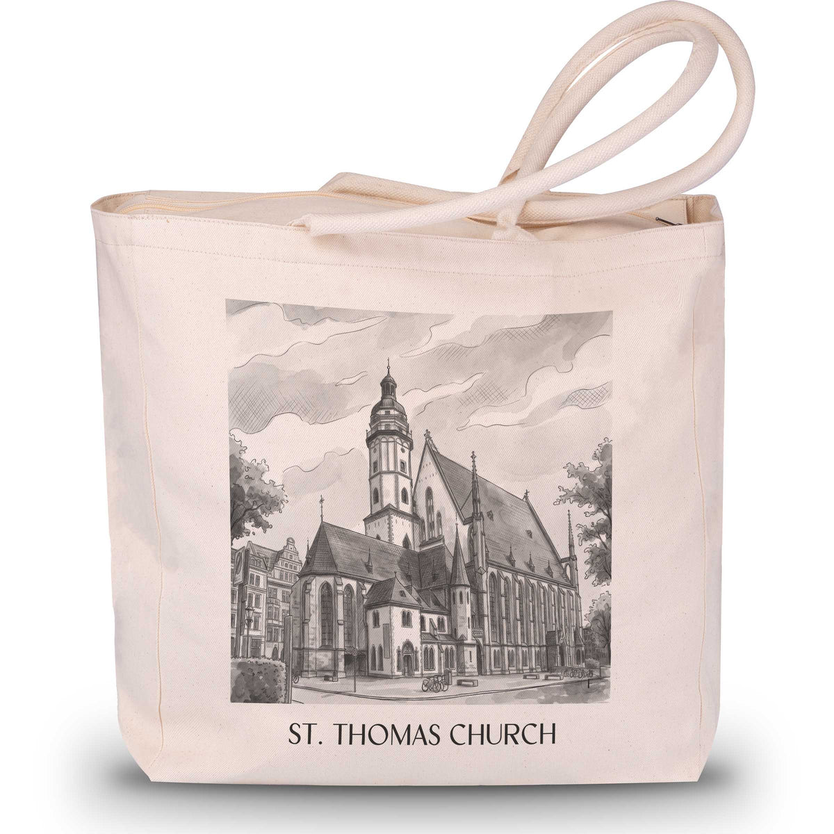 Thomaskirche Shopping Tasche - Leipzig - Deutschland Tote Bag - Einkaufstasche im Aquarell Schwarz-Weiß Stil - favplace
