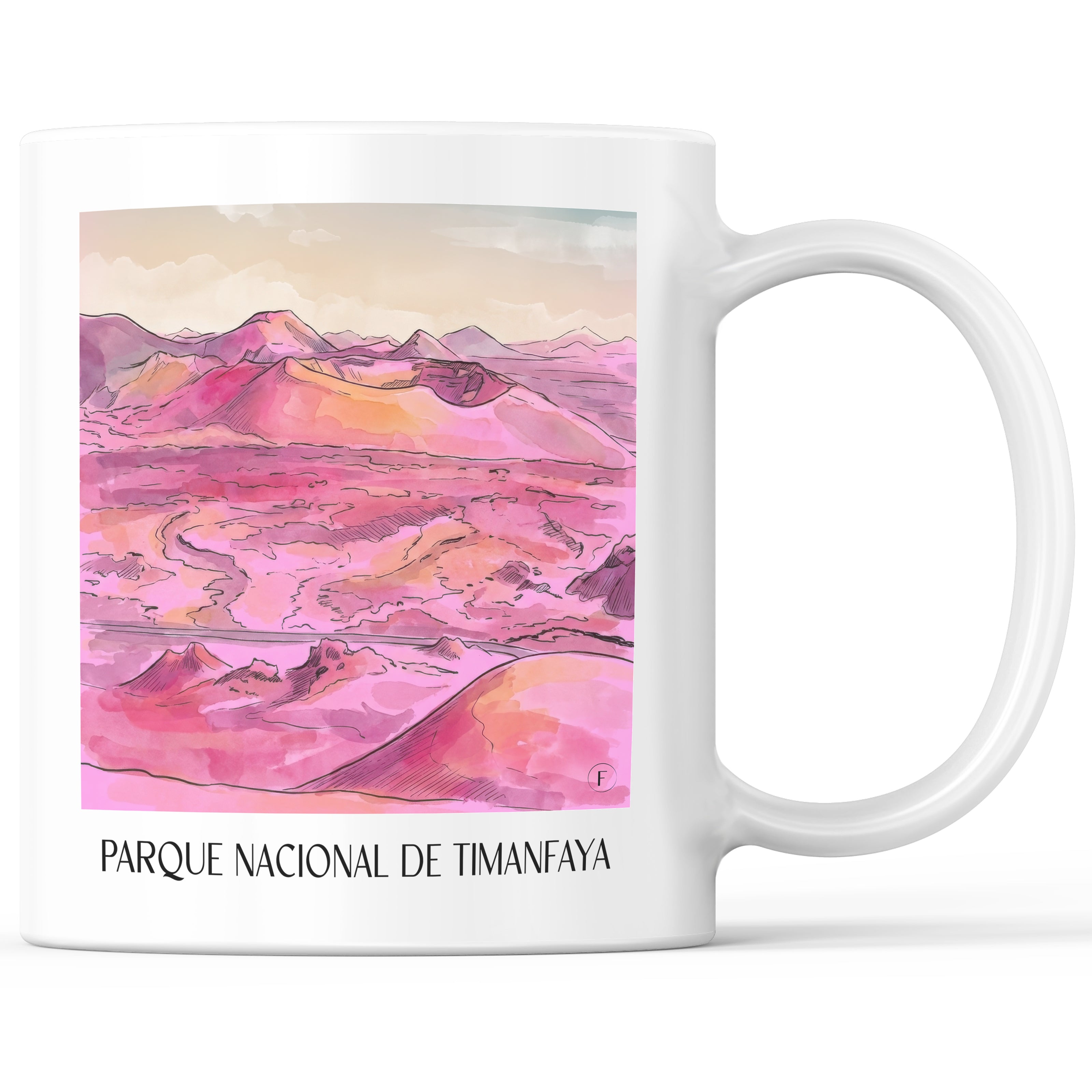 Timanfaya Nationalpark Kaffeebecher - Lanzarote - Spanien Becher - Kaffeetasse im Aquarell Pink Stil - favplace