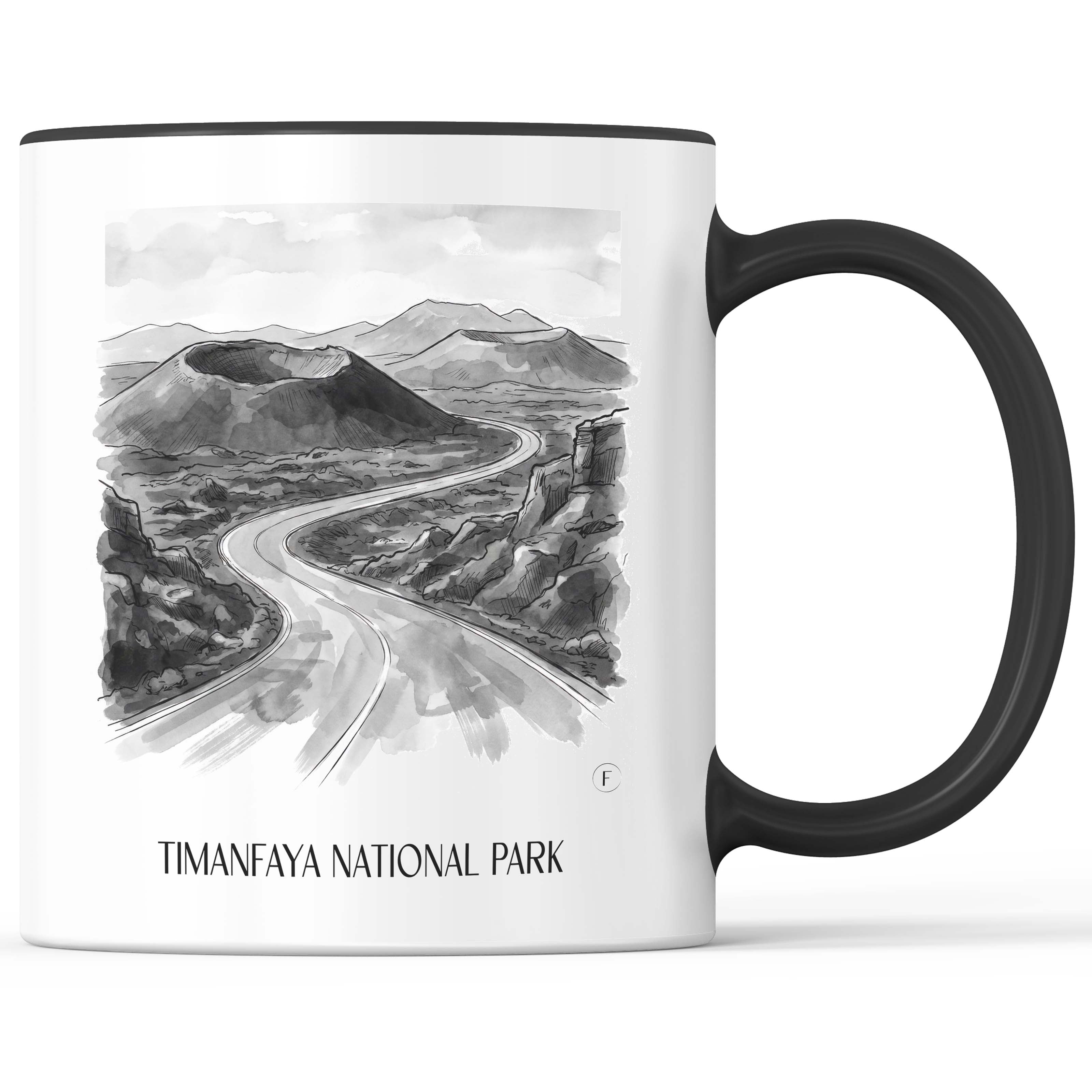Timanfaya Nationalpark Kaffeebecher - Lanzarote - Spanien Becher - Kaffeetasse im Aquarell Schwarz-Weiß Stil - favplace
