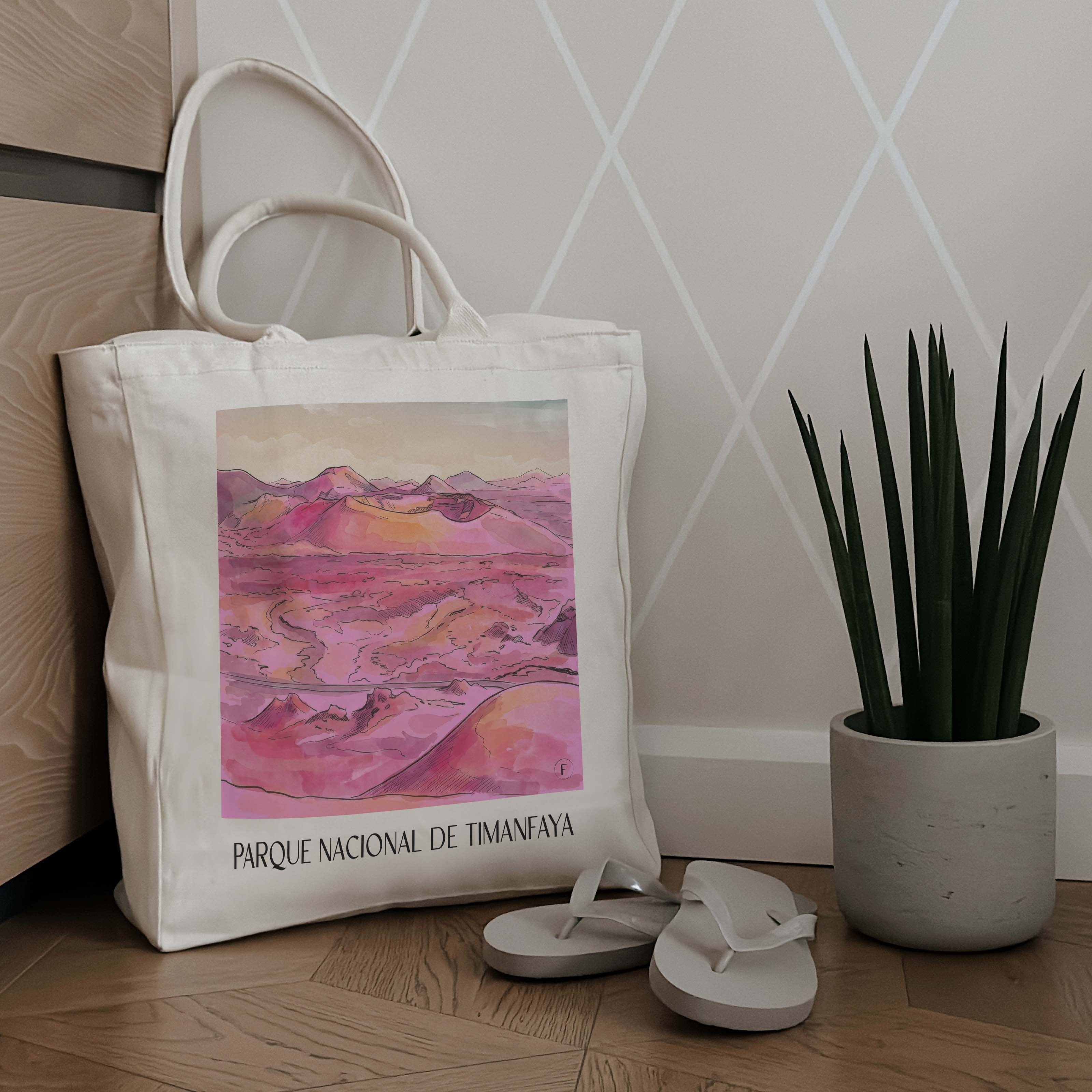 timanfaya-nationalpark-lanzarote-spanien-einkaufstasche-aquarell-pink-rosa