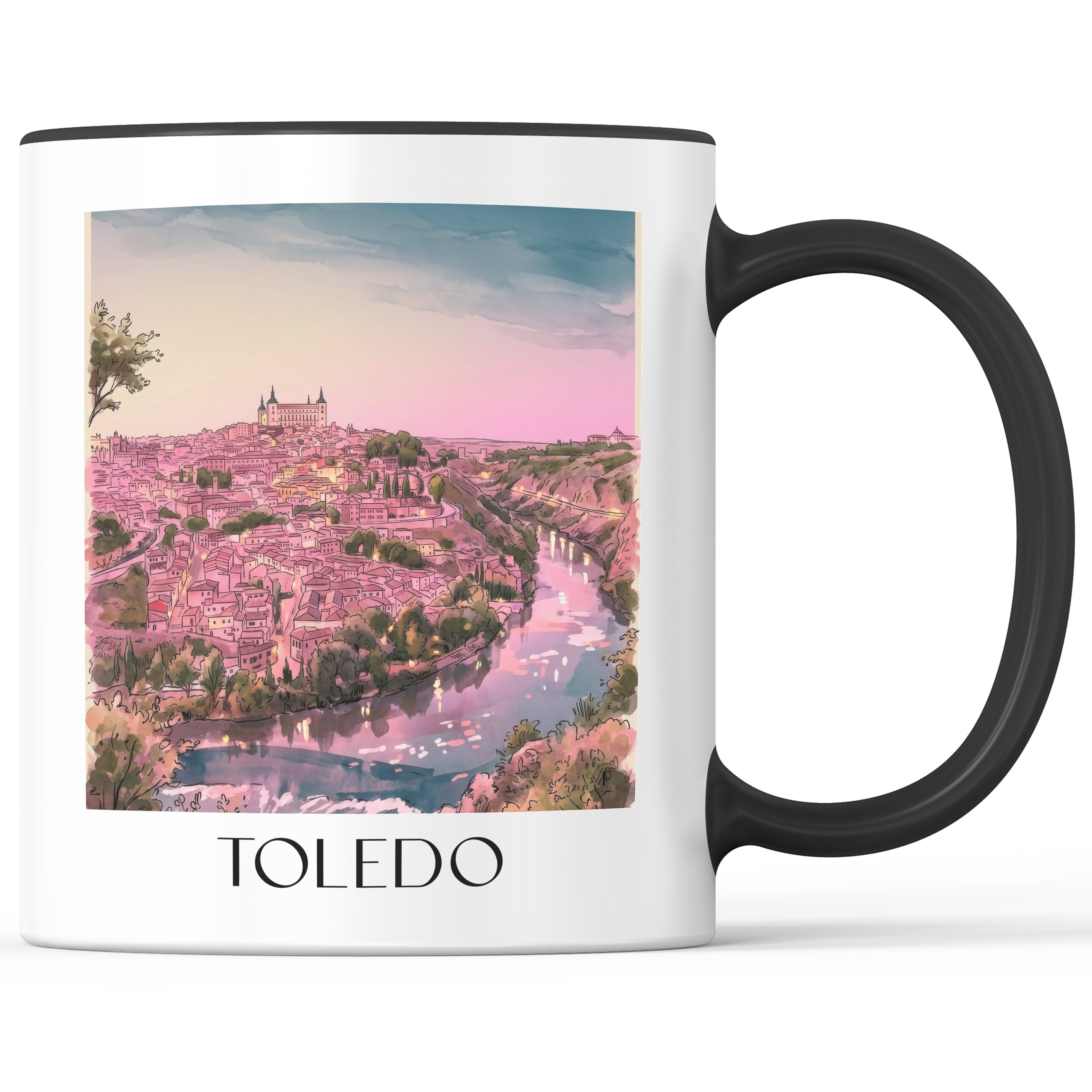 Toledo Kaffeebecher - Spanien - Spanien Becher - Kaffeetasse im Aquarell Pink Stil - favplace