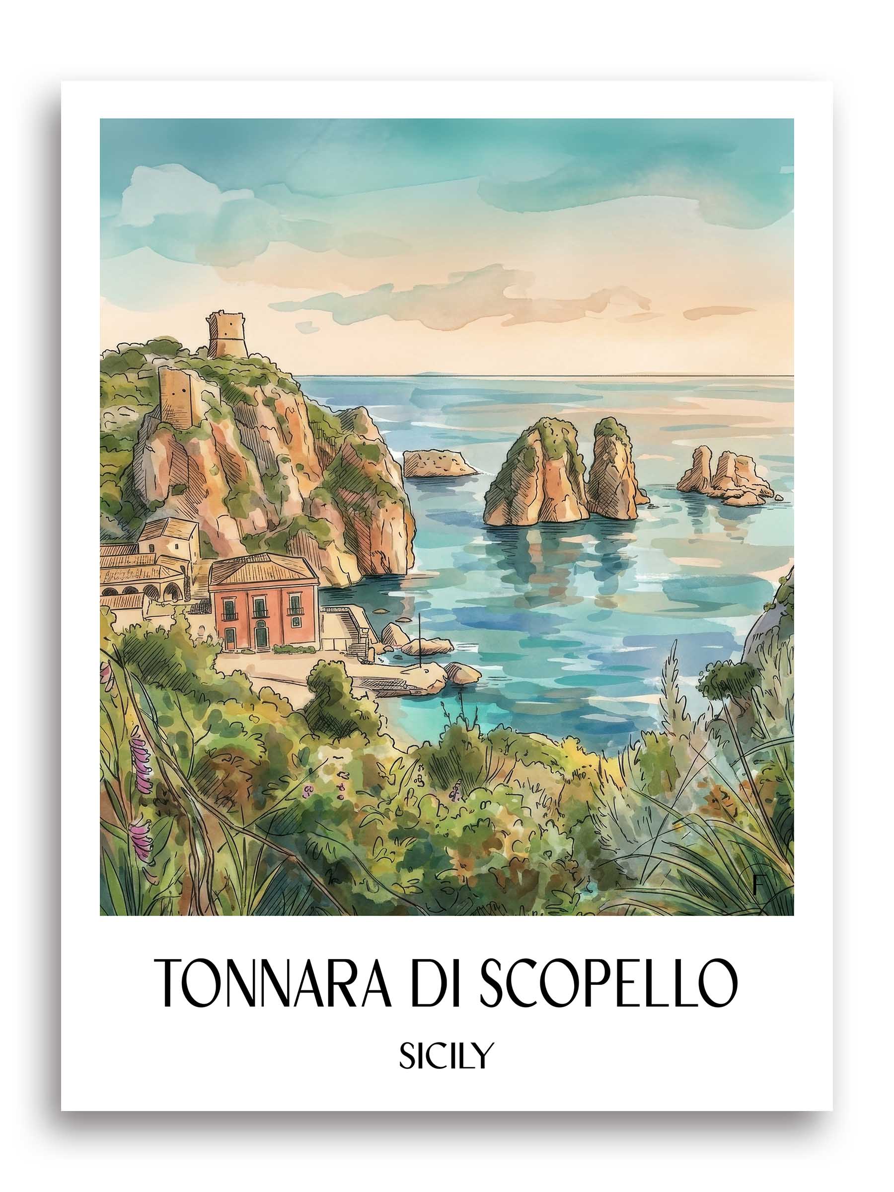 Tonnara di Scopello Poster - Sizilien - Italien Kunstdruck - Aquarell von A4 bis A1 - favplace