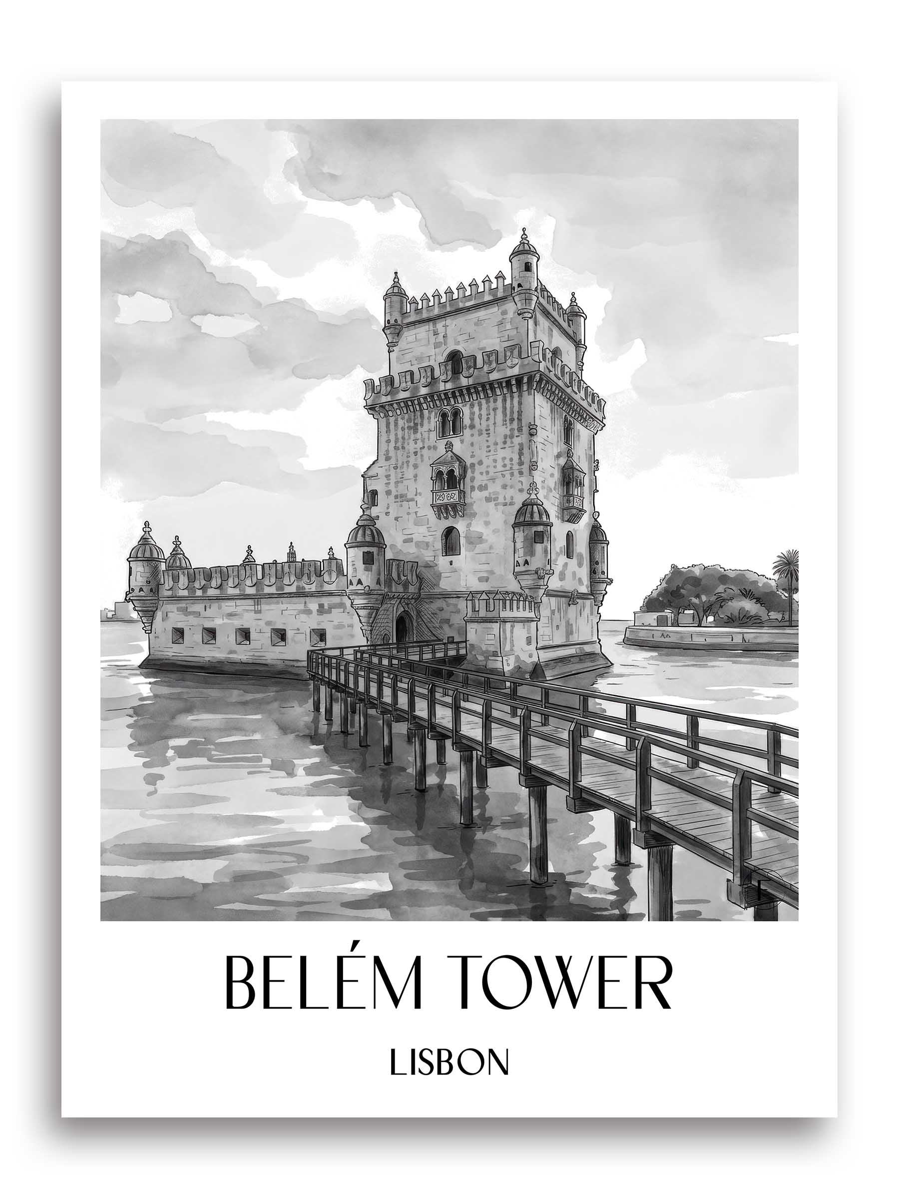Torre de Belem Poster - Lissabon - Portugal Kunstdruck - Aquarell Schwarz-Weiß von A4 bis A1 - favplace