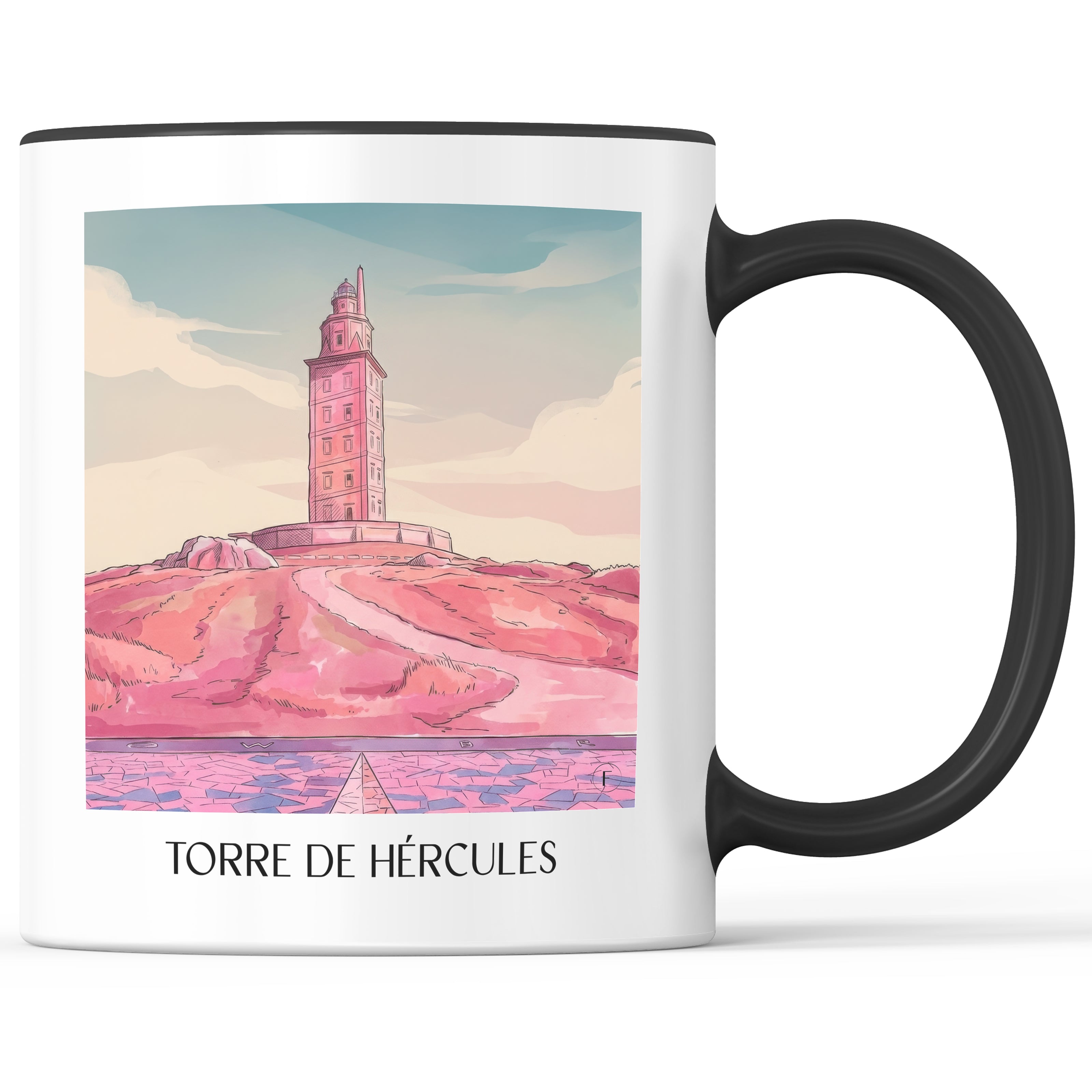 torre-de-hércules-a-coruña-spanien-kaffeebecher-aquarell-pink-rosa