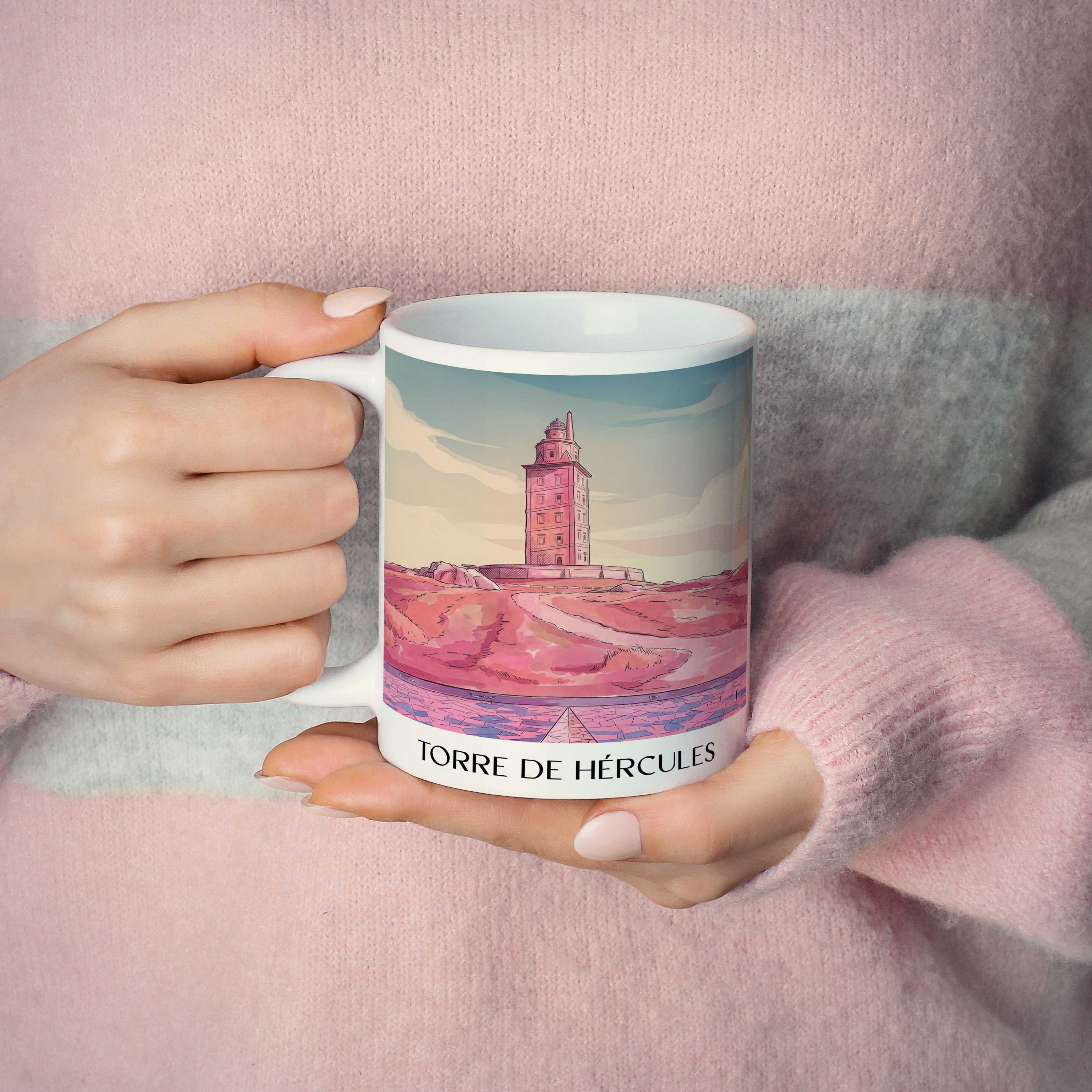 torre-de-hércules-a-coruña-spanien-kaffeebecher-aquarell-pink-rosa