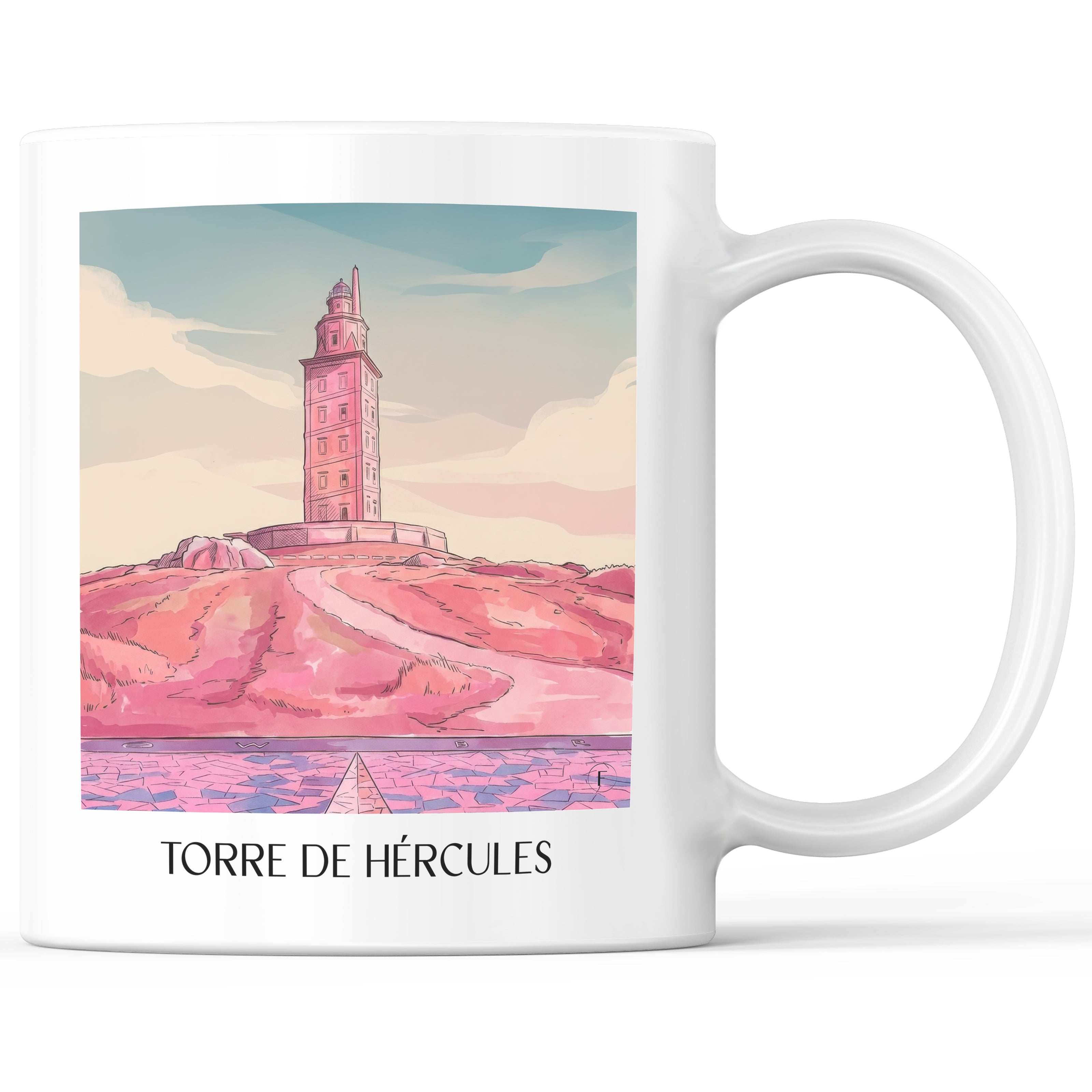 Torre de Hércules Kaffeebecher - A Coruña - Spanien Becher - Kaffeetasse im Aquarell Pink Stil - favplace