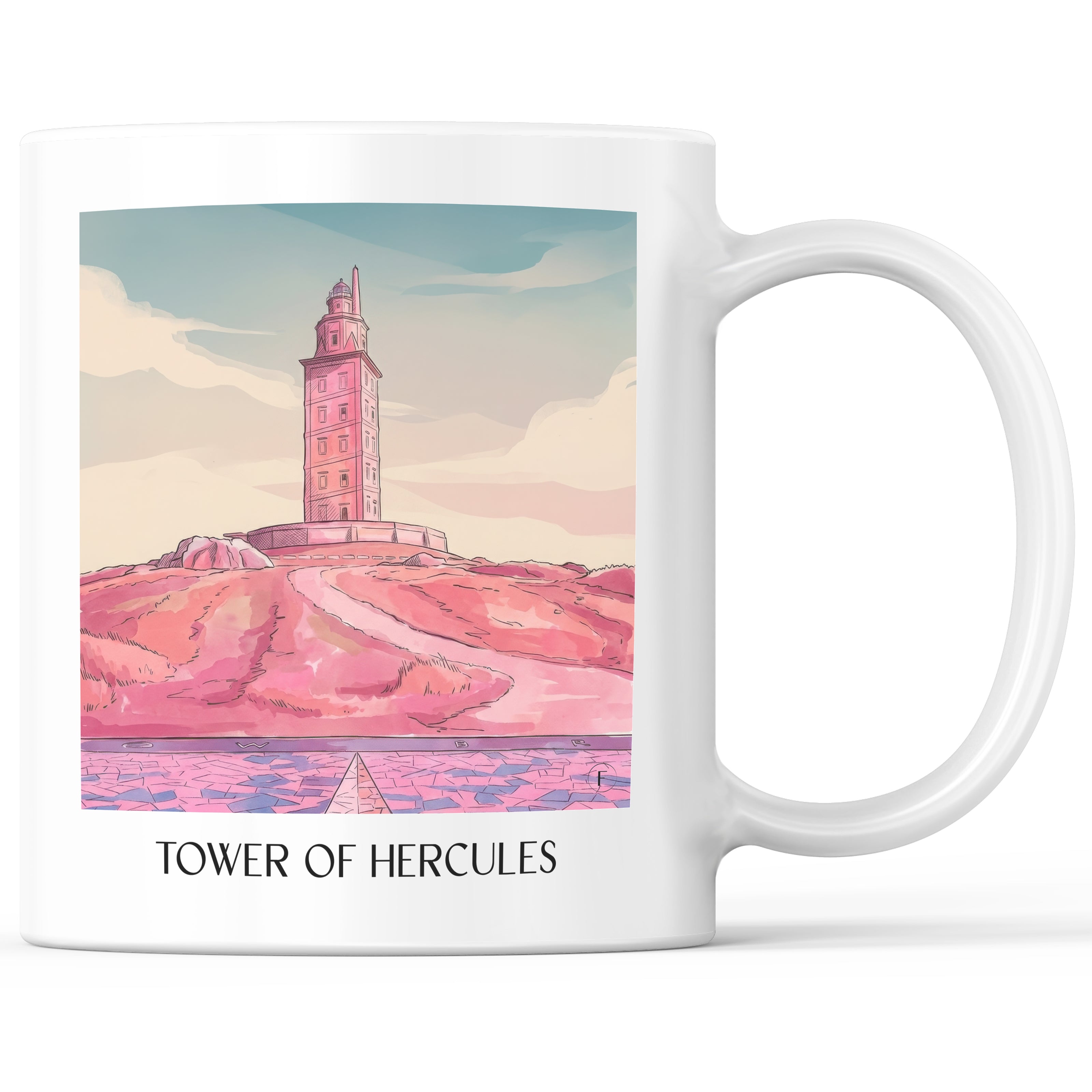 Torre de Hércules Kaffeebecher - A Coruña - Spanien Becher - Kaffeetasse im Aquarell Pink Stil - favplace